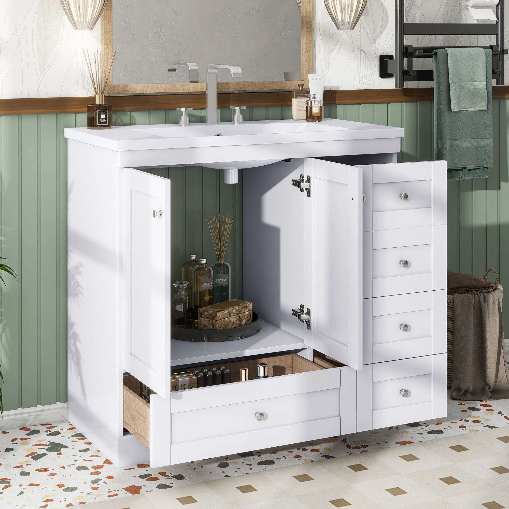 Video 36 Inch Shaker Style Free Standing Bathroom Vanity Cabinet With Sink, 4 Soft Close Drawers And 2 Soft Close Doors White Mdf