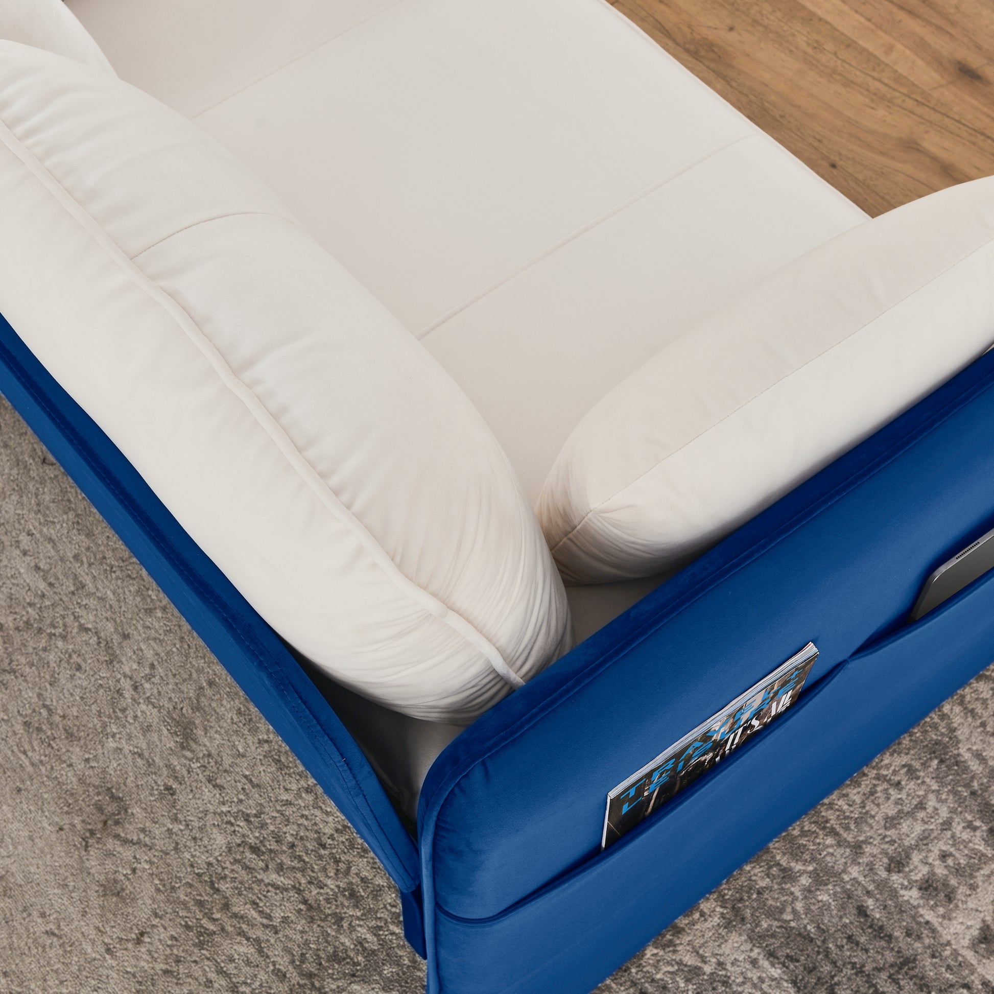 53" Modern Convertible Sofa Bed W 2 Removable Armrests W Usb Power Port, Velvet Recliner Adjustable Sofa W Head Pull Out Bed, 2 Pillows, For Living Room Apartment Etc., White Blue Beige Blue Foam Velvet