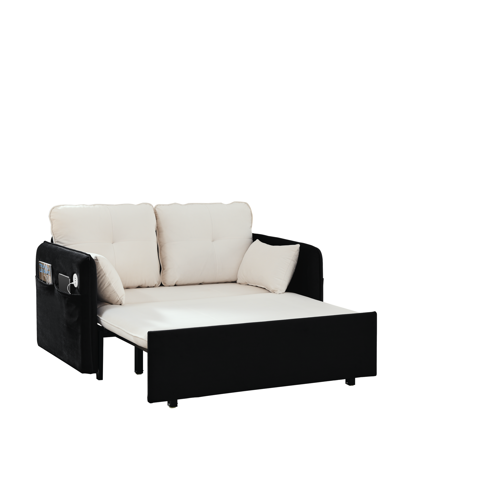 53" Modern Convertible Sofa Bed W 2 Removable Armrests W Usb Power Port, Velvet Recliner Adjustable Sofa W Head Pull Out Bed, 2 Pillows, For Living Room Apartment Etc., White Black Beige Black Foam Velvet