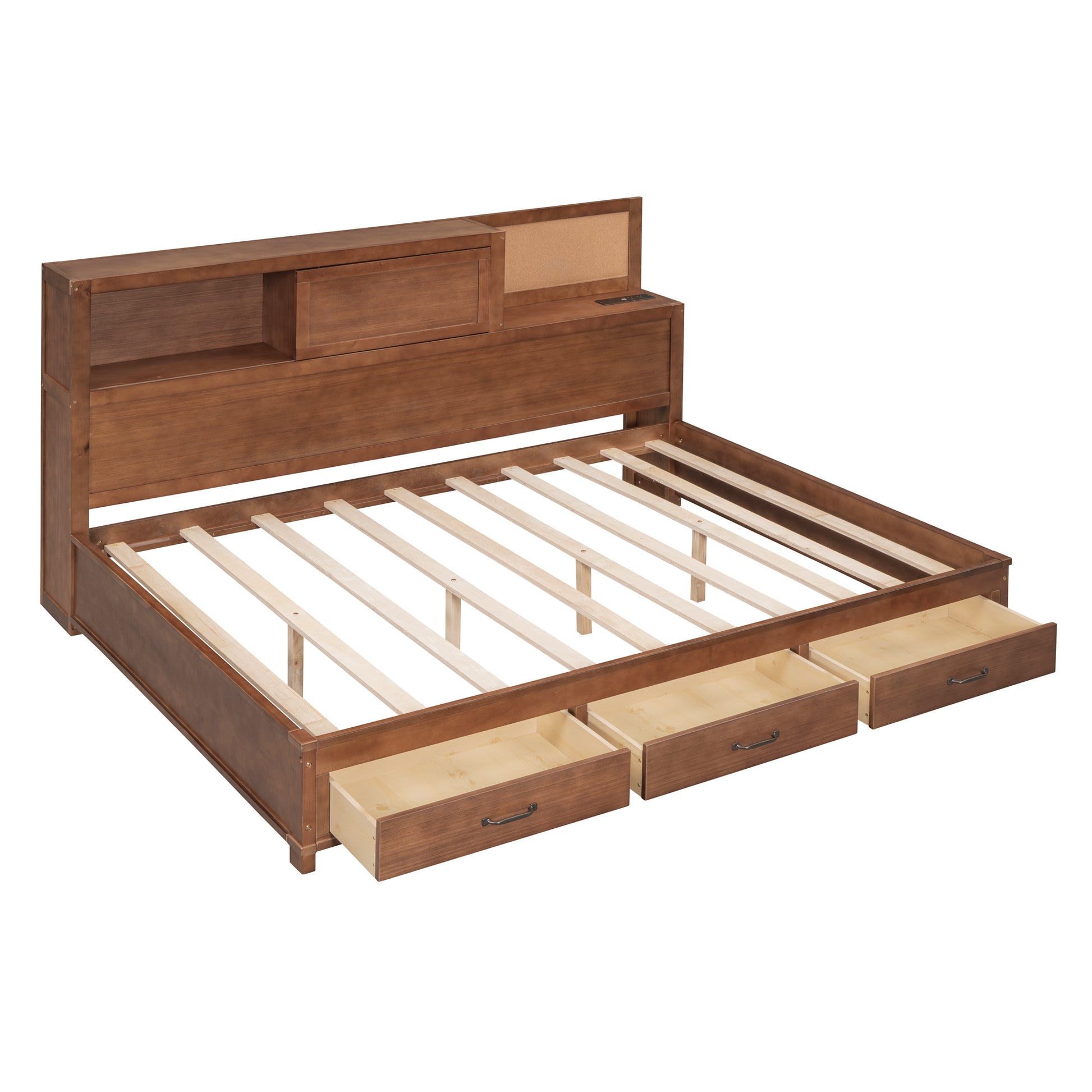 Full Size Wooden Daybed With 3 Storage Drawers, Upper Soft Board, Shelf, And A Set Of Sockets And Usb Ports, Brown Brown Solid Wood Mdf