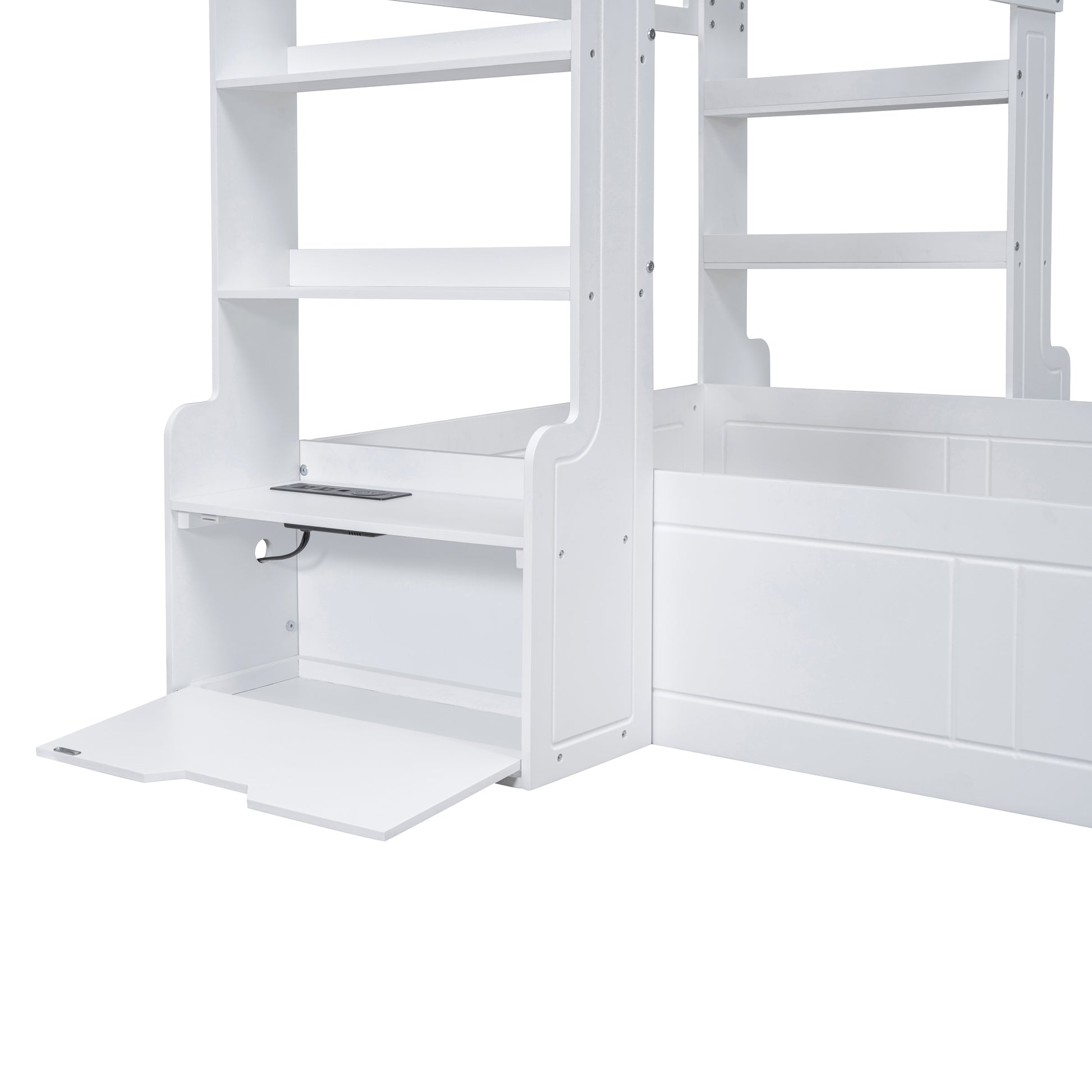 Twin Size House Bed With Bench, Socket And Shelves, White White Solid Wood Mdf