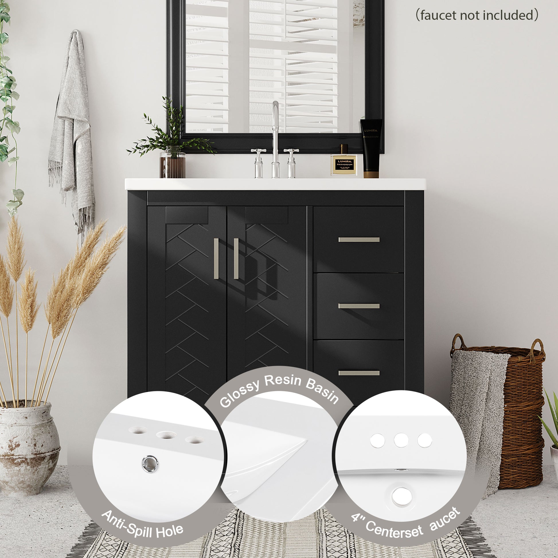30'' Bathroom Vanity With Resin Sink Combo,Solid Wood Frame Bathroom Storage Cabinet, Freestanding Vanity Set With 3 Drawers& Soft Closing Doors Same As Sw000120Aab Black Bathroom Solid Wood Mdf