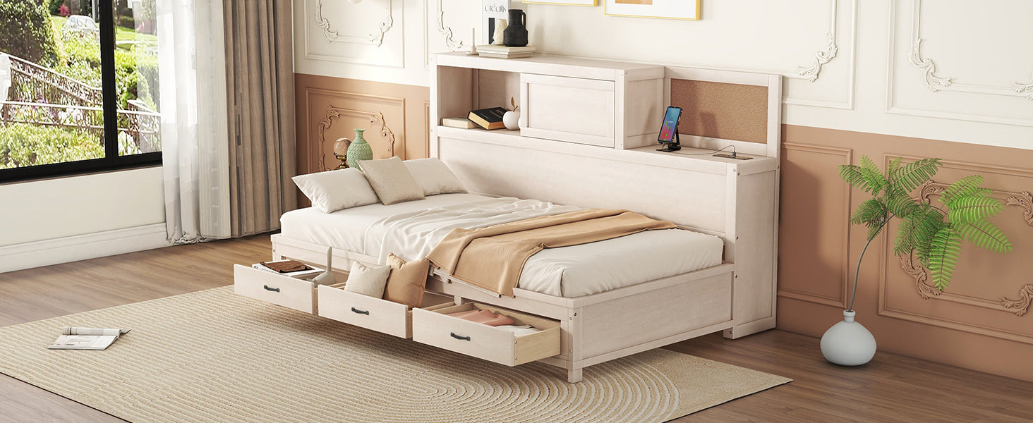 Twin Size Wooden Daybed With 3 Storage Drawers, Upper Soft Board, Shelf, And A Set Of Sockets And Usb Ports, White White Solid Wood Mdf