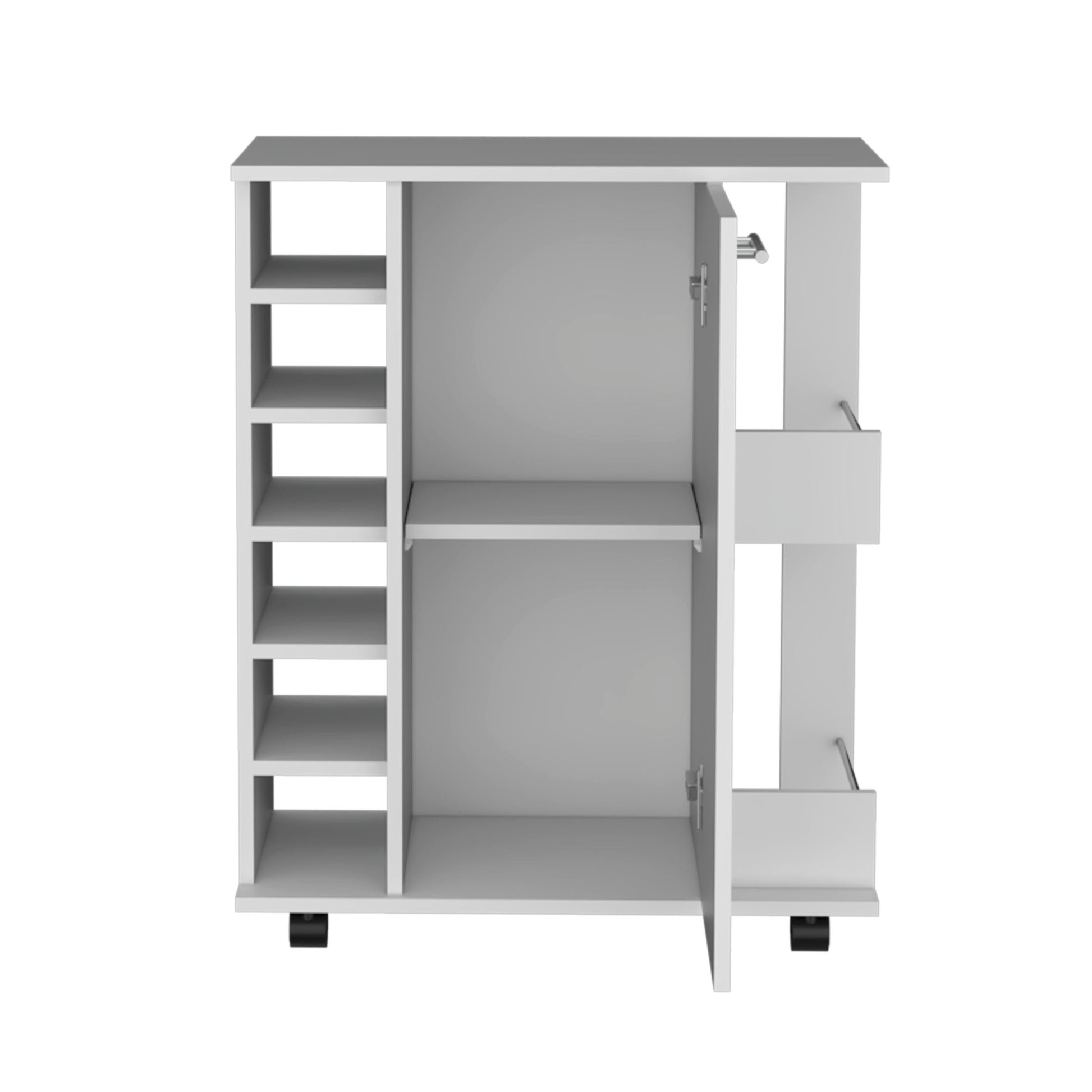 White 4 Wheel Bar Cart Cabinet For Kitchen Or Living Room, With 6 Side Built In Bottle Racks, 1 Interior Shelve, 2 Side Shelves, 2 Space With Wood Door To Store Glasses, Cups, Coffee Or Snacks. White White Contemporary,Modern Particle Board Engineered