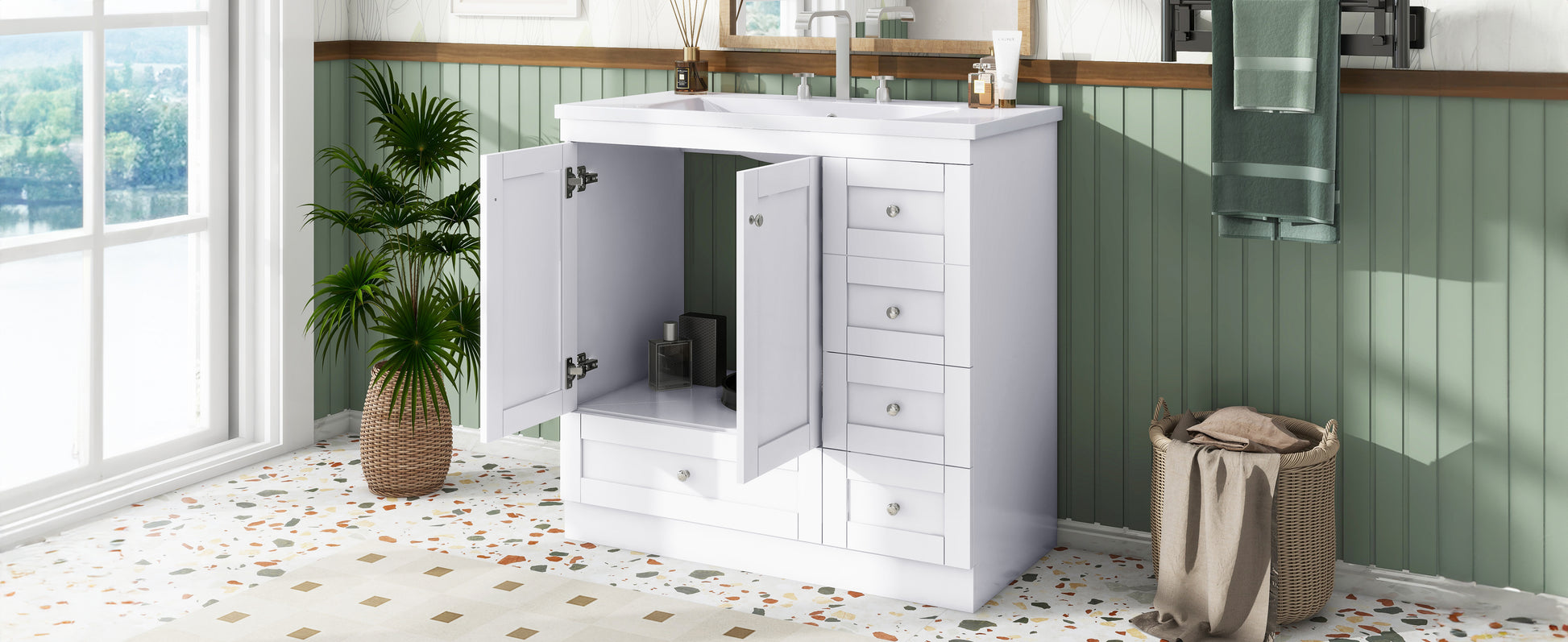 Video 36 Inch Shaker Style Free Standing Bathroom Vanity Cabinet With Sink, 4 Soft Close Drawers And 2 Soft Close Doors White Mdf