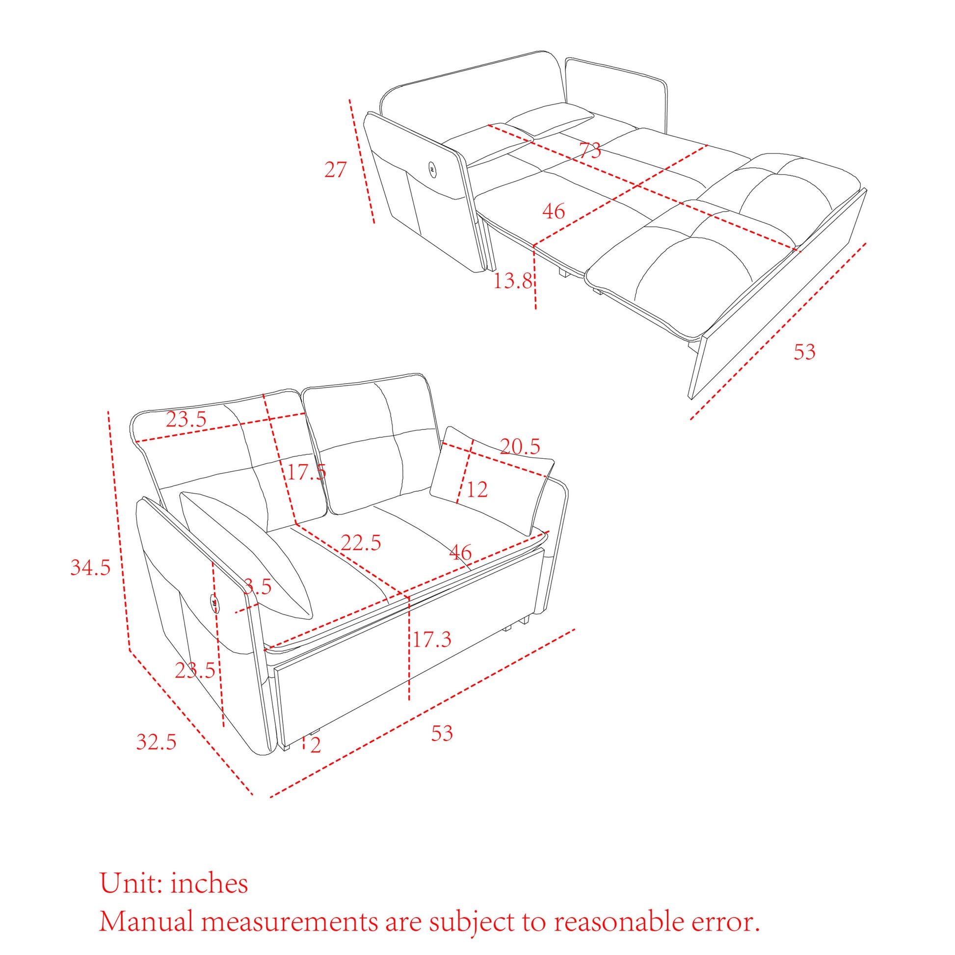 53" Modern Convertible Sofa Bed W 2 Removable Armrests W Usb Power Port, Velvet Recliner Adjustable Sofa W Head Pull Out Bed, 2 Pillows, For Living Room Apartment Etc., White Black Beige Black Foam Velvet