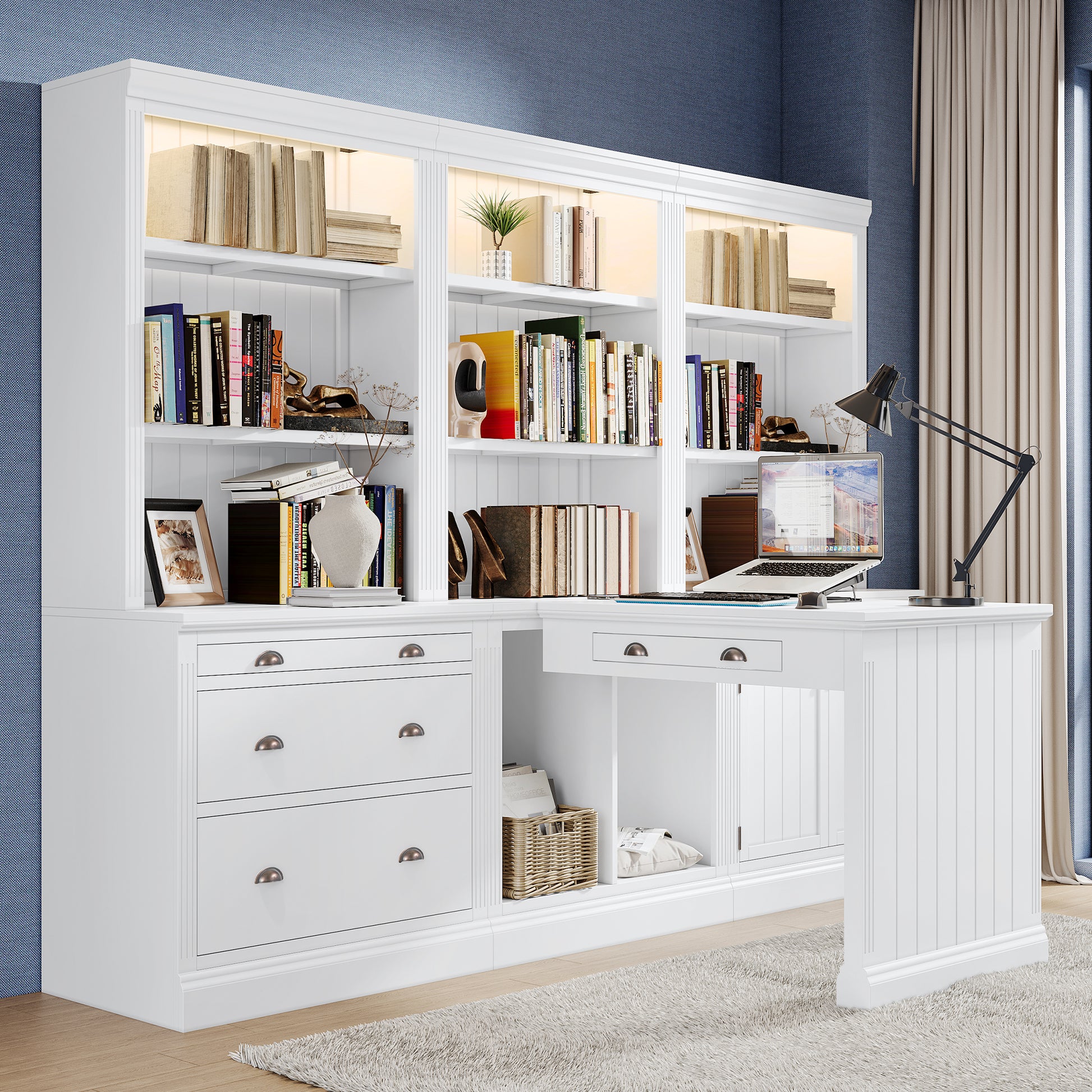 83.4"Tall 2 Bookshelf & 1 Writting Desk Suite,Modern Bookcase Suite With Led Lighting, Drawers,Study Desk And Open Shelves,3 Piece Set Storage Bookshelf For Living Room,Home Office,Study Room,White White Solid Wood Mdf