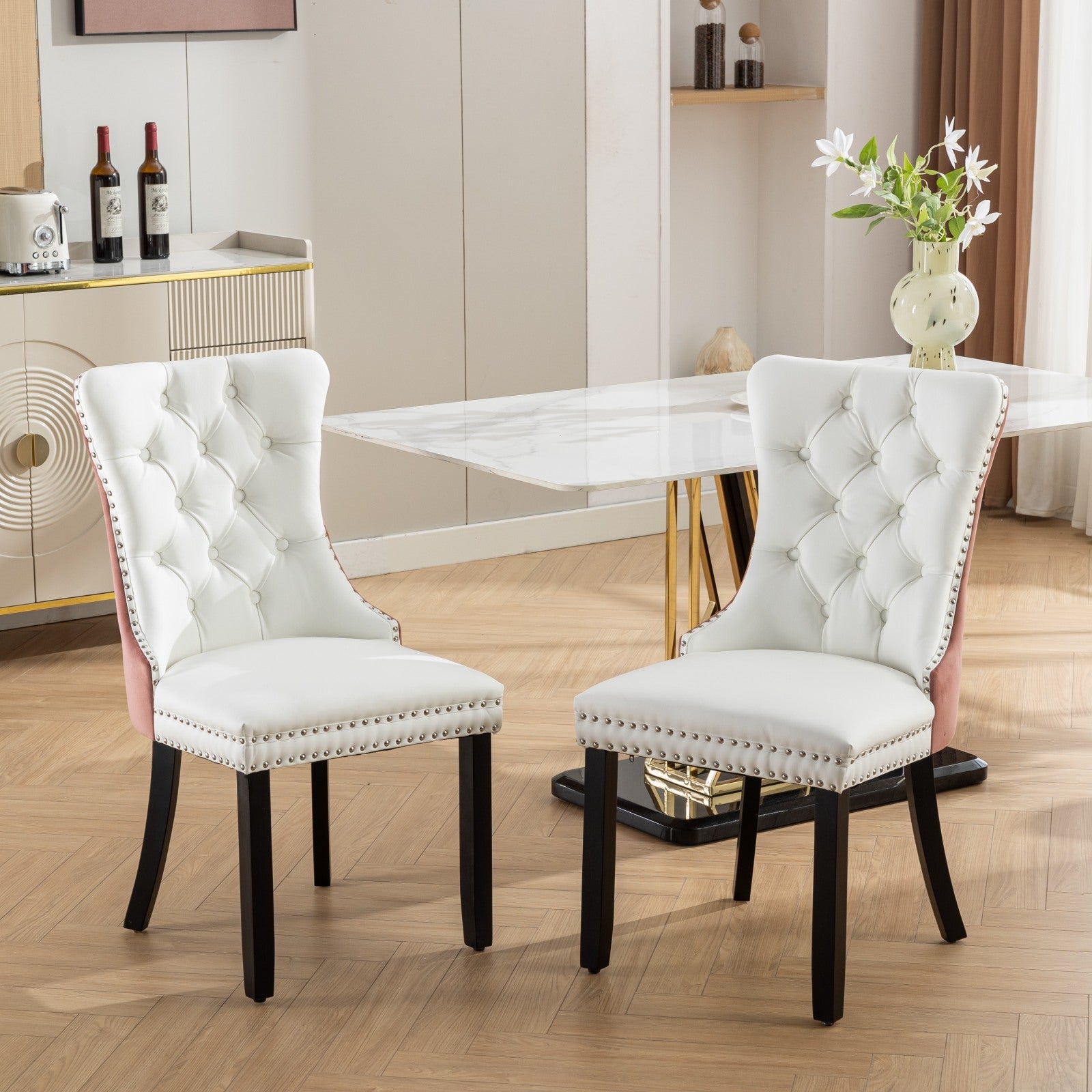 Nikki Collection Modern, High End Tufted Solid Wood Contemporary Pu And Velvet Upholstered Dining Chair With Wood Legs Trim 2 Pcs Set, White Pink, Sw2101Wp White Pink Dining Room American Design Foam Pu Leather