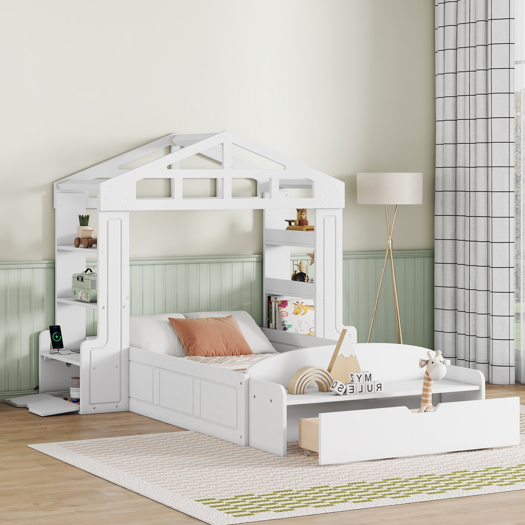 Twin Size House Bed With Bench, Socket And Shelves, White White Solid Wood Mdf