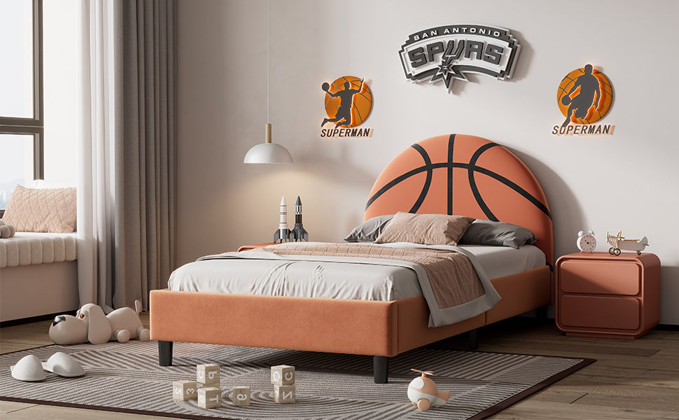 Basketball Design Upholstered Twin Platform Bed Sport Style Bed For Boys & Girls, Teens, Orange Box Spring Not Required Twin Orange Wood Bed Frame Velvet Velvet