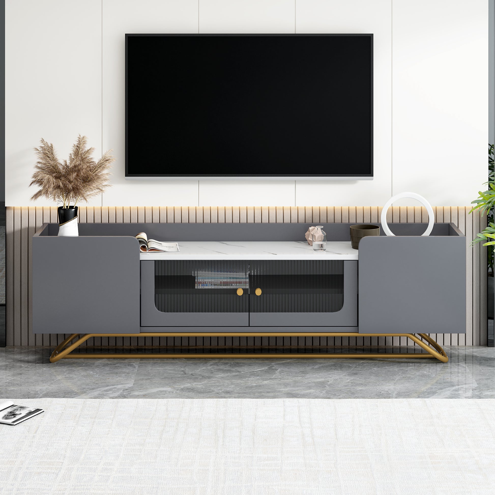 Sleek Design Tv Stand With Fluted Glass, Contemporary Entertainment Center For Tvs Up To 70", Faux Marble Top Tv Console Table With Gold Frame Base, Grey Grey Primary Living Space 70 79 Inches 70 79 Inches Modern 70 Inches Particle Board