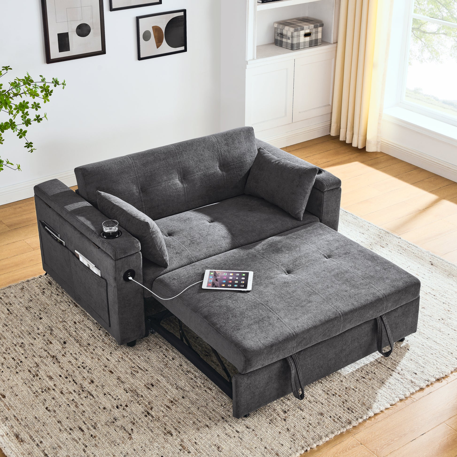 54" Pull Out Sleeper Sofa Bed Double Seat Recliner Sofa Bed With Armrests With Storage And Side Pockets, Adjustable Backrest And Lumbar Pillow For Apartments, Living Rooms, Etc. With Usb Power Outlet Grey Foam Chenille 2 Seat