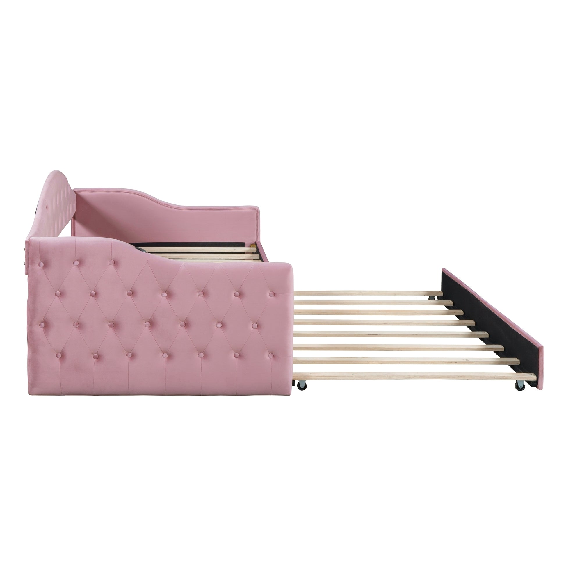 Twin Size Tufted Upholstered Daybed With Trundle ,Velvet Sofabed With Usb&Type C Charging Ports,No Box Spring Needed, Pink Pink Velvet