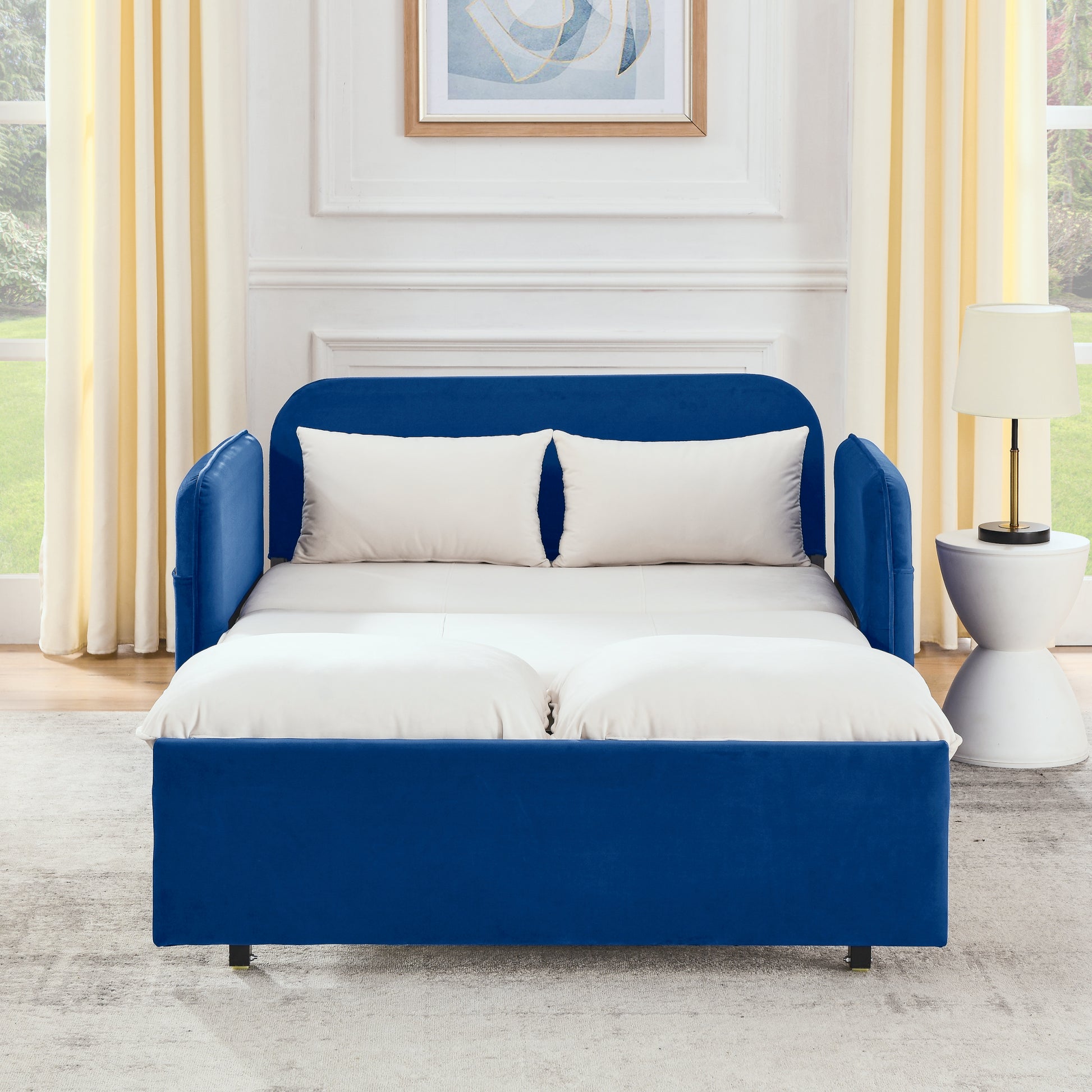 53" Modern Convertible Sofa Bed W 2 Removable Armrests W Usb Power Port, Velvet Recliner Adjustable Sofa W Head Pull Out Bed, 2 Pillows, For Living Room Apartment Etc., White Blue Beige Blue Foam Velvet