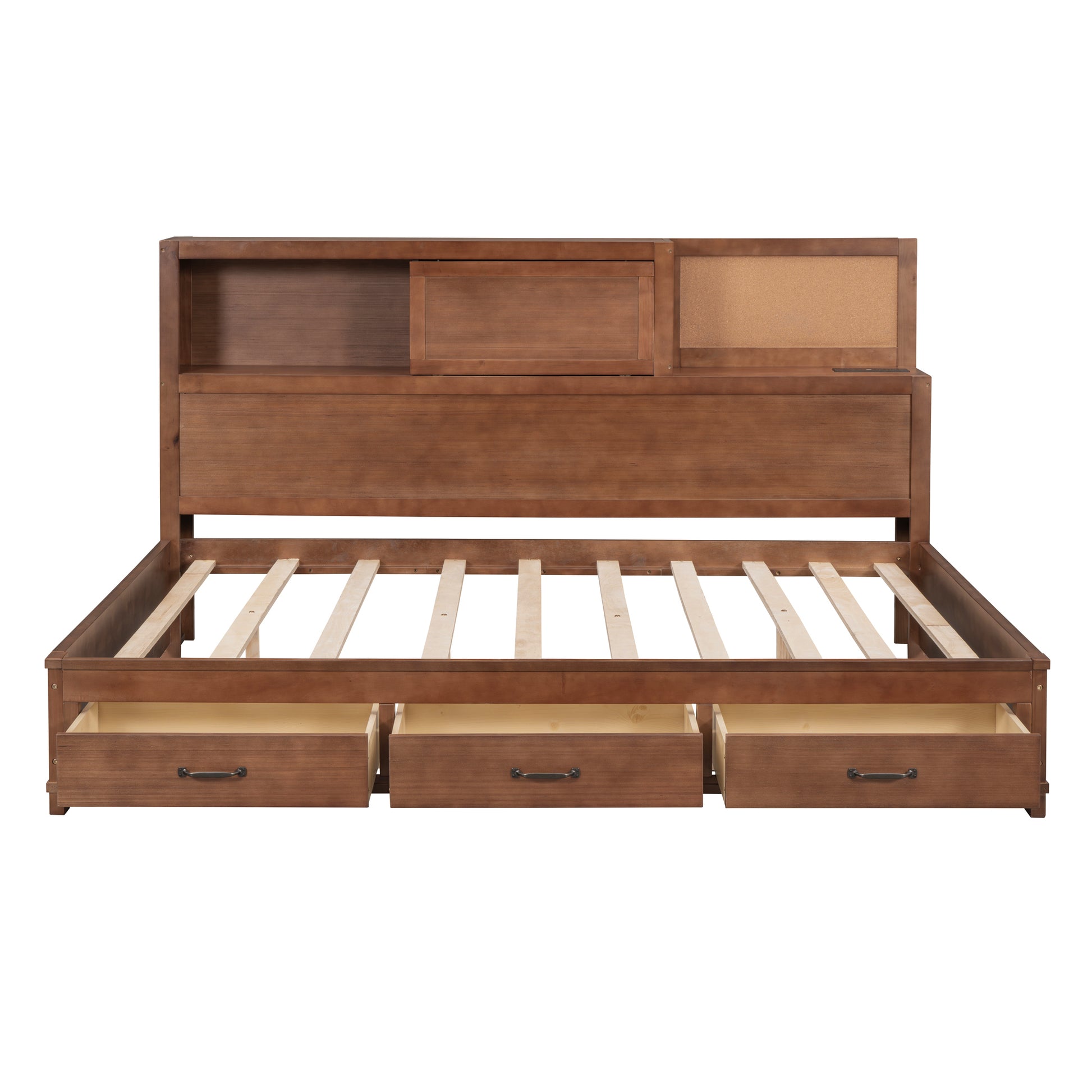 Full Size Wooden Daybed With 3 Storage Drawers, Upper Soft Board, Shelf, And A Set Of Sockets And Usb Ports, Brown Brown Solid Wood Mdf