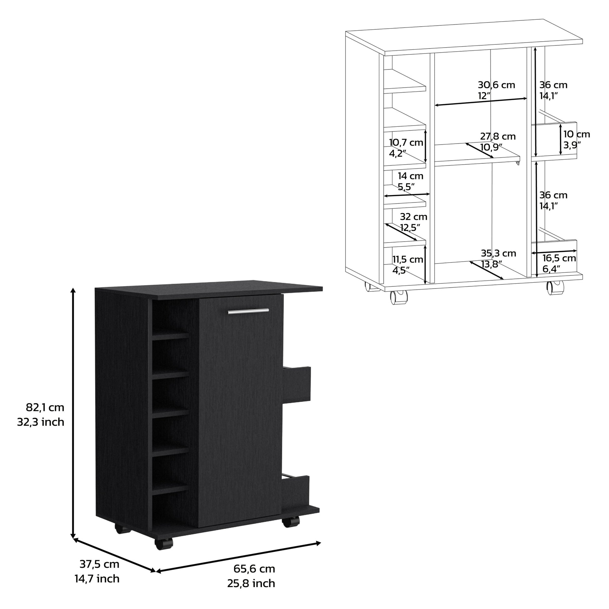 Black 4 Wheel Bar Cart Cabinet For Kitchen Or Living Room, With 6 Side Built In Bottle Racks, 1 Interior Shelve, 2 Side Shelves, 2 Space With Wood Door To Store Glasses, Cups, Coffee Or Snacks Black Pine Particle Board Engineered Wood