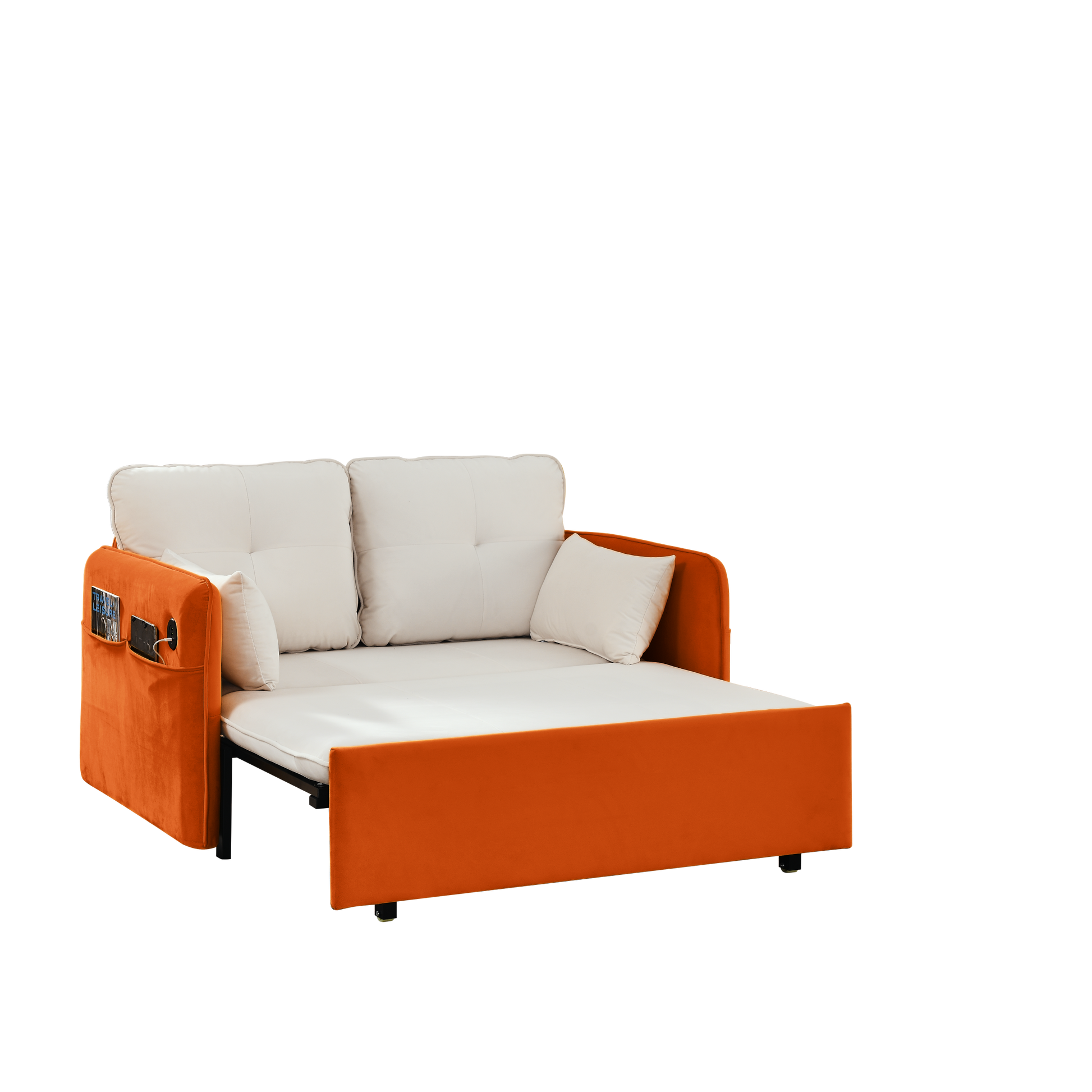 53" Modern Convertible Sofa Bed W 2 Removable Armrests W Usb Power Port, Velvet Recliner Adjustable Sofa W Head Pull Out Bed, 2 Pillows, For Living Room Apartment Etc., White Orange Beige Foam Velvet