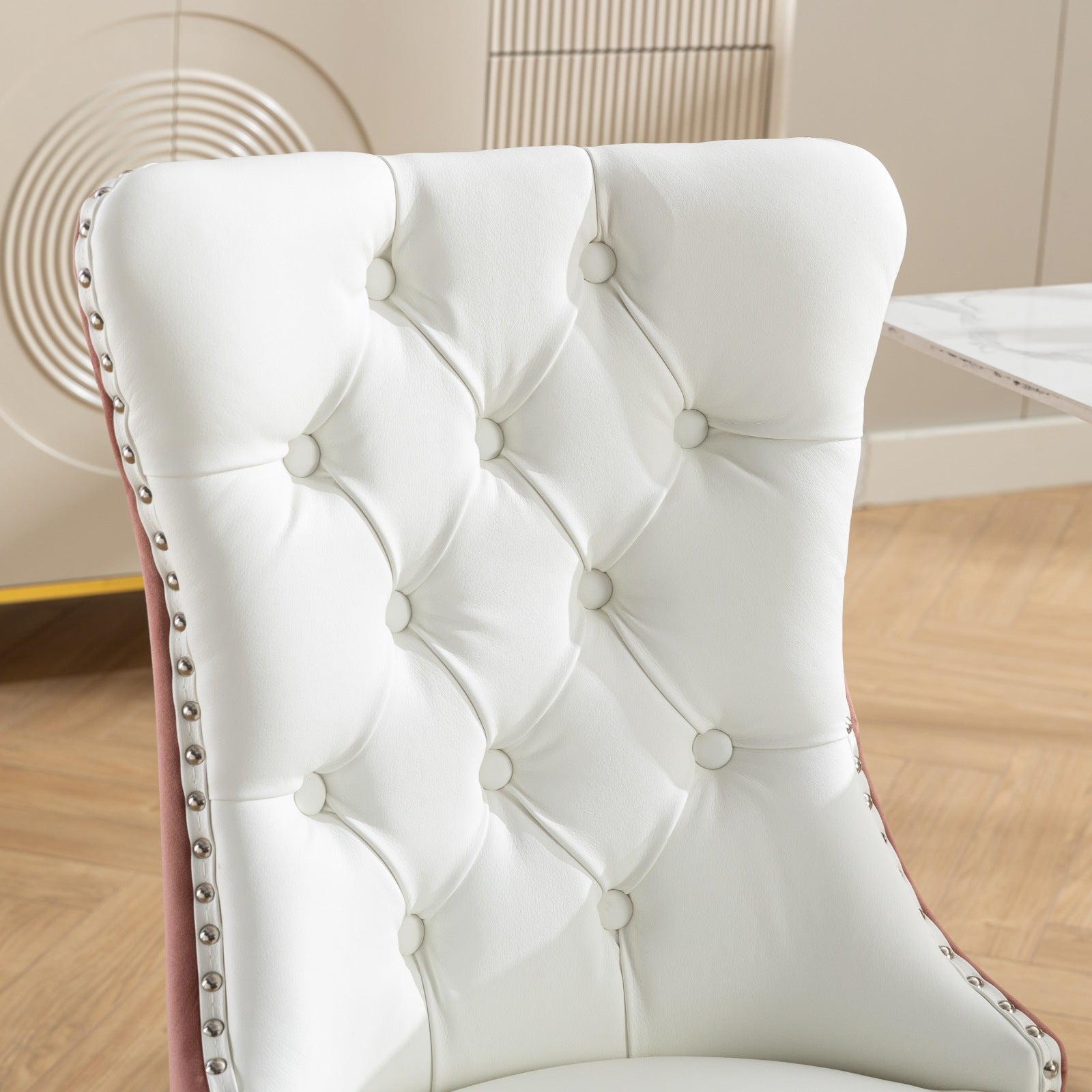 Nikki Collection Modern, High End Tufted Solid Wood Contemporary Pu And Velvet Upholstered Dining Chair With Wood Legs Trim 2 Pcs Set, White Pink, Sw2101Wp White Pink Dining Room American Design Foam Pu Leather