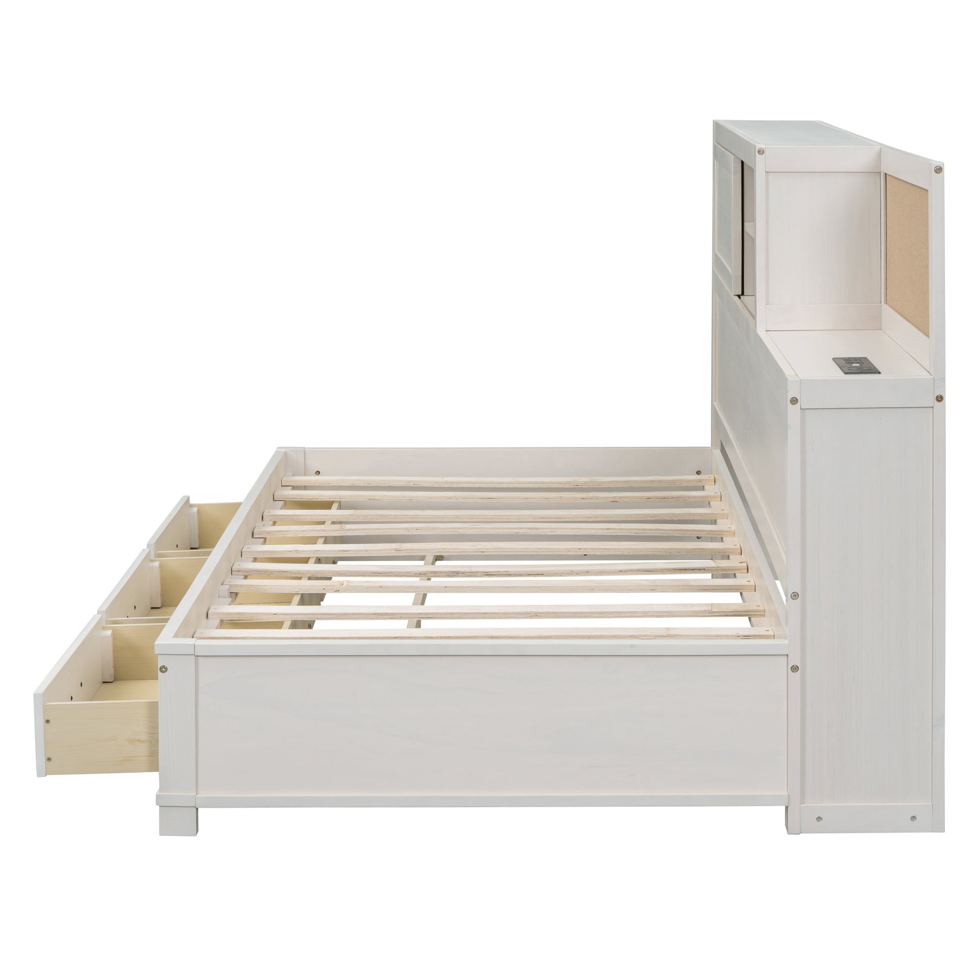 Twin Size Wooden Daybed With 3 Storage Drawers, Upper Soft Board, Shelf, And A Set Of Sockets And Usb Ports, White White Solid Wood Mdf