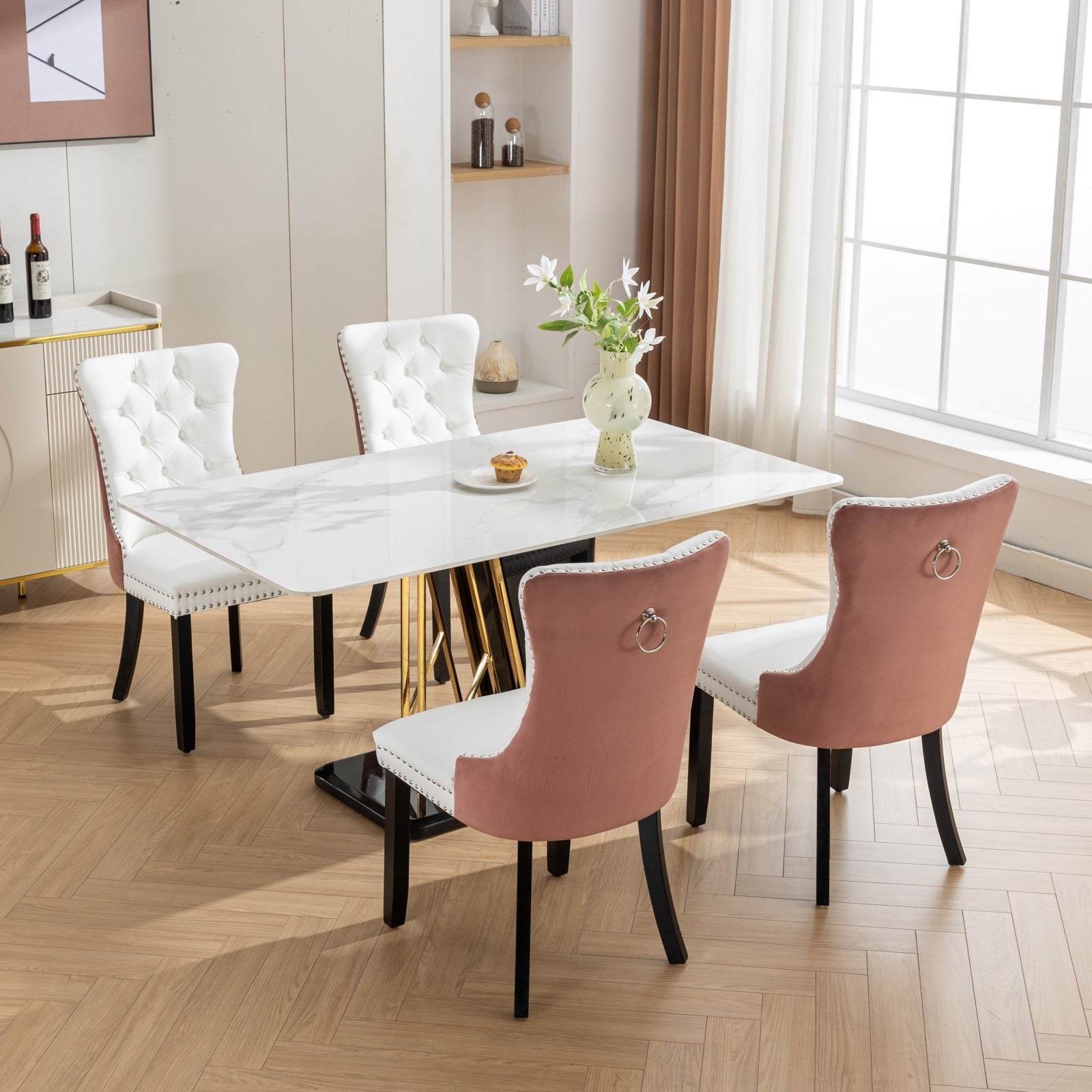 Nikki Collection Modern, High End Tufted Solid Wood Contemporary Pu And Velvet Upholstered Dining Chair With Wood Legs Trim 2 Pcs Set, White Pink, Sw2101Wp White Pink Dining Room American Design Foam Pu Leather
