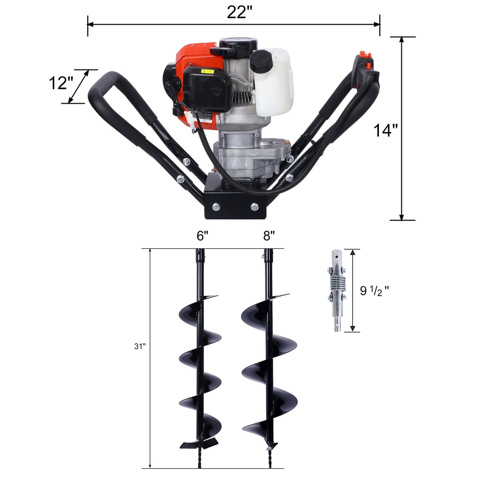 Post Hole Digger, 43Cc Post Hole Digger, Gas Powered Earth Digger With 6&8" And Absorber,Earth Auger Drill Bit, 30 Inch Long Alloy Steel Auger, For Farmland, Garden And Plant, Epa Certification Red Steel