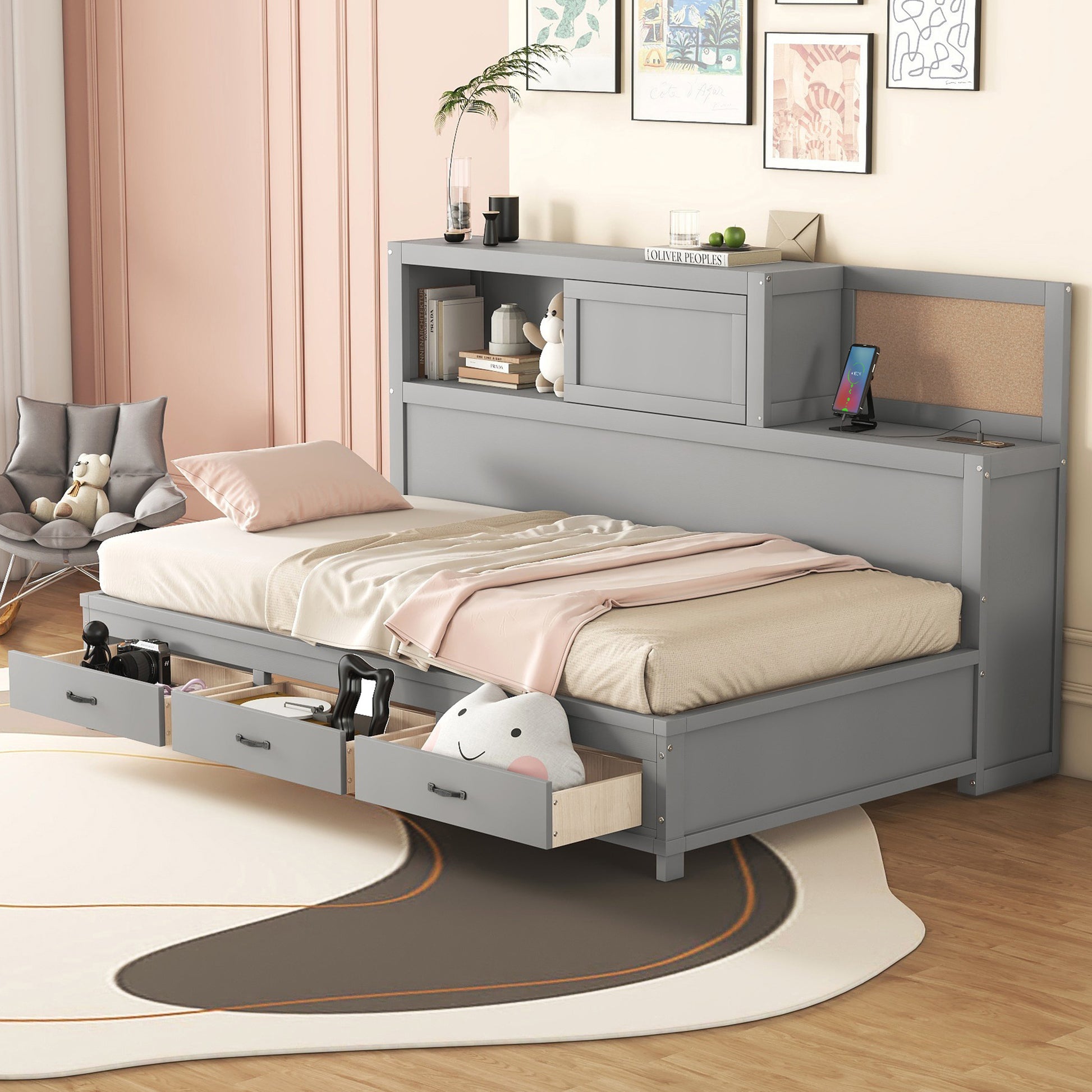 Twin Size Wooden Daybed With 3 Storage Drawers, Upper Soft Board, Shelf, And A Set Of Sockets And Usb Ports, Gray Gray Solid Wood Mdf