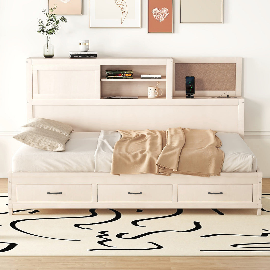 Full Size Wooden Daybed With 3 Storage Drawers, Upper Soft Board, Shelf, And A Set Of Sockets And Usb Ports, White White Solid Wood Mdf