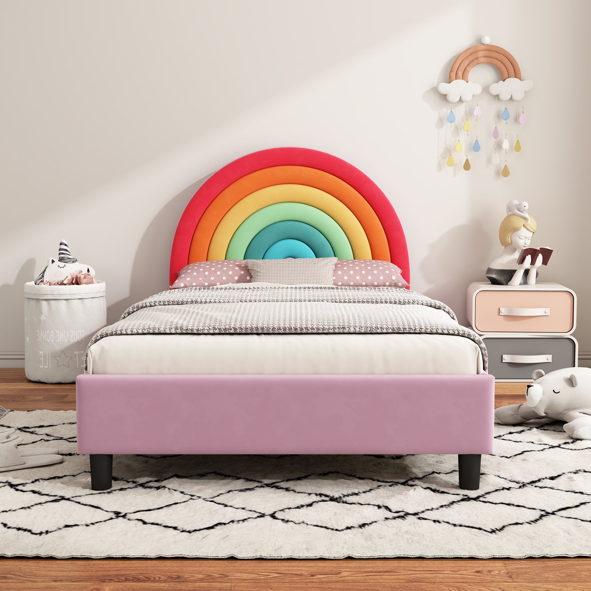 Rainbow Design Upholstered Twin Platform Bed Cute Style Princess Bed For Boys & Girls, Teens, Colorful & Pink Box Spring Not Required Twin Colorful Wood Bed Frame Velvet Velvet