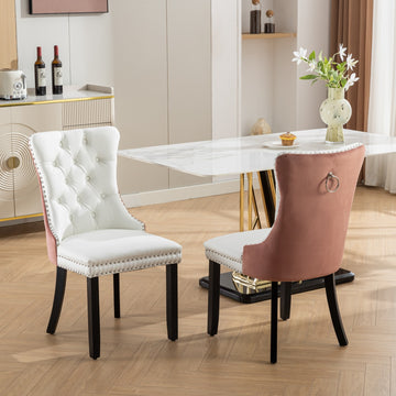 Nikki Collection Modern, High End Tufted Solid Wood Contemporary Pu And Velvet Upholstered Dining Chair With Wood Legs Trim 2 Pcs Set, White Pink, Sw2101Wp White Pink Dining Room American Design Foam Pu Leather