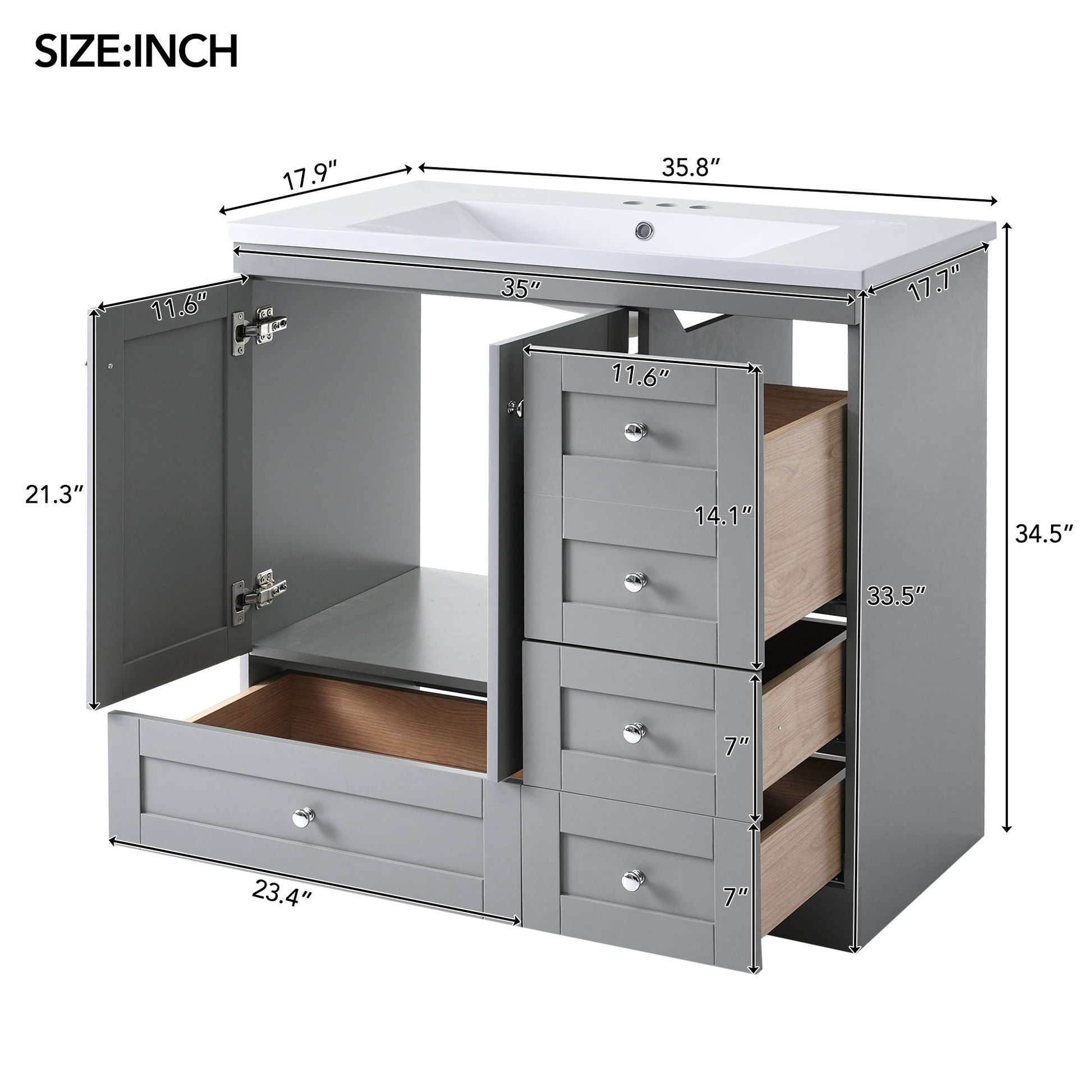 Video 36 Inch Shaker Style Free Standing Bathroom Vanity Cabinet With Sink, 4 Soft Close Drawers And 2 Soft Close Doors Gray Mdf