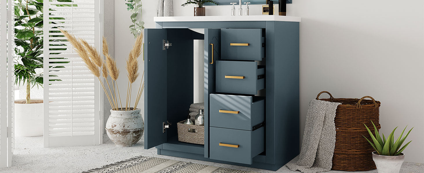 30'' Bathroom Vanity With Resin Sink Combo,Solid Wood Frame Bathroom Storage Cabinet, Freestanding Vanity Set With 3 Drawers& Soft Closing Doors 2 Navy Blue 2 1 Adjustable Hinges Bathroom Freestanding Solid Wood Mdf Resin Painted