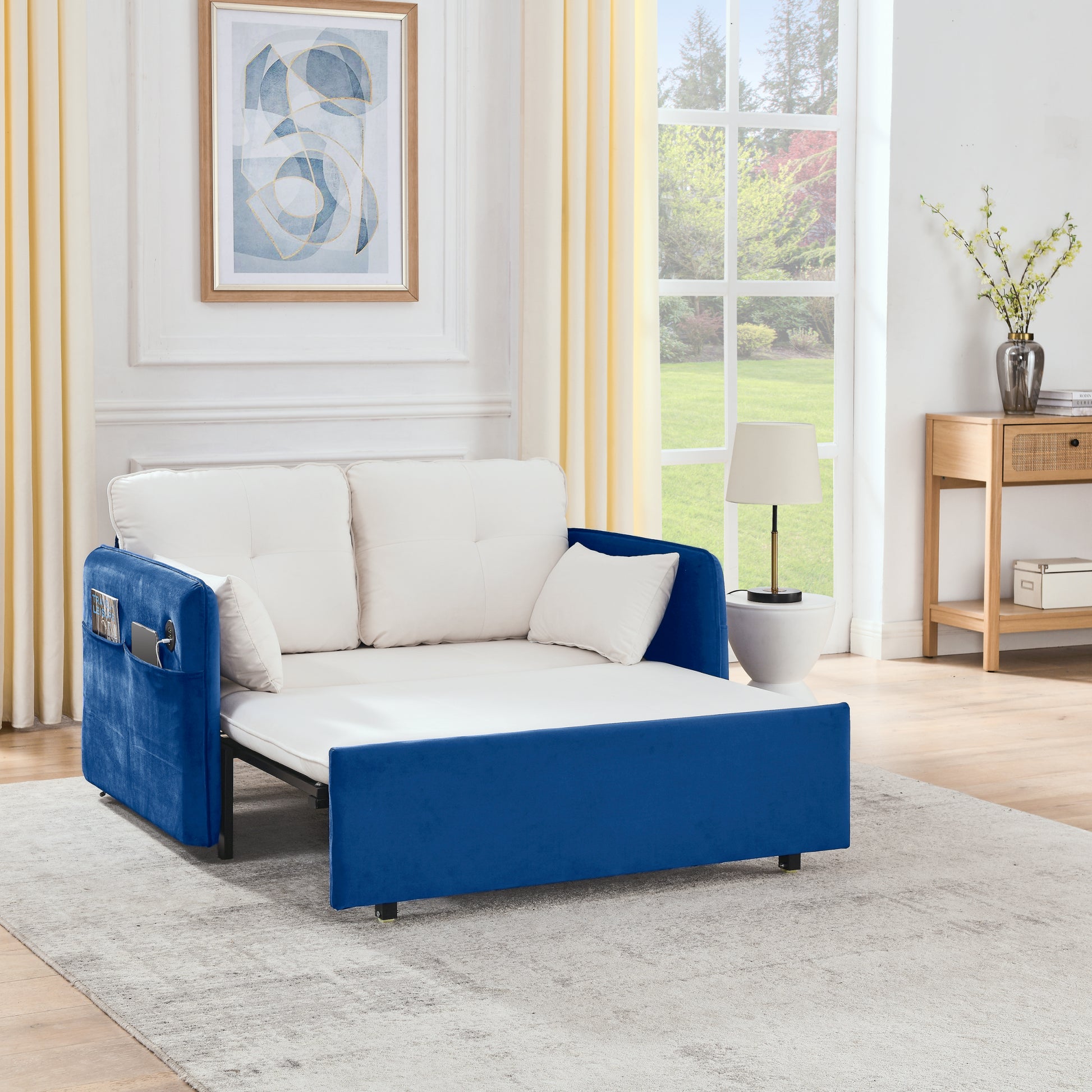 53" Modern Convertible Sofa Bed W 2 Removable Armrests W Usb Power Port, Velvet Recliner Adjustable Sofa W Head Pull Out Bed, 2 Pillows, For Living Room Apartment Etc., White Blue Beige Blue Foam Velvet