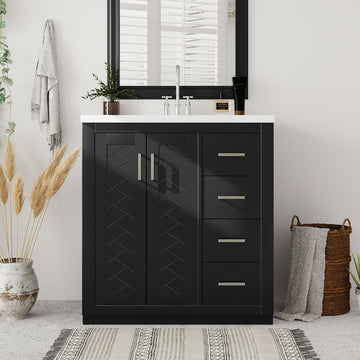 30'' Bathroom Vanity With Resin Sink Combo,Solid Wood Frame Bathroom Storage Cabinet, Freestanding Vanity Set With 3 Drawers& Soft Closing Doors 2 Black 2 1 Adjustable Hinges Bathroom Freestanding Solid Wood Mdf Resin Painted