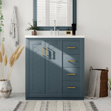 30'' Bathroom Vanity With Resin Sink Combo,Solid Wood Frame Bathroom Storage Cabinet, Freestanding Vanity Set With 3 Drawers& Soft Closing Doors 2 Navy Blue 2 1 Adjustable Hinges Bathroom Freestanding Solid Wood Mdf Resin Painted