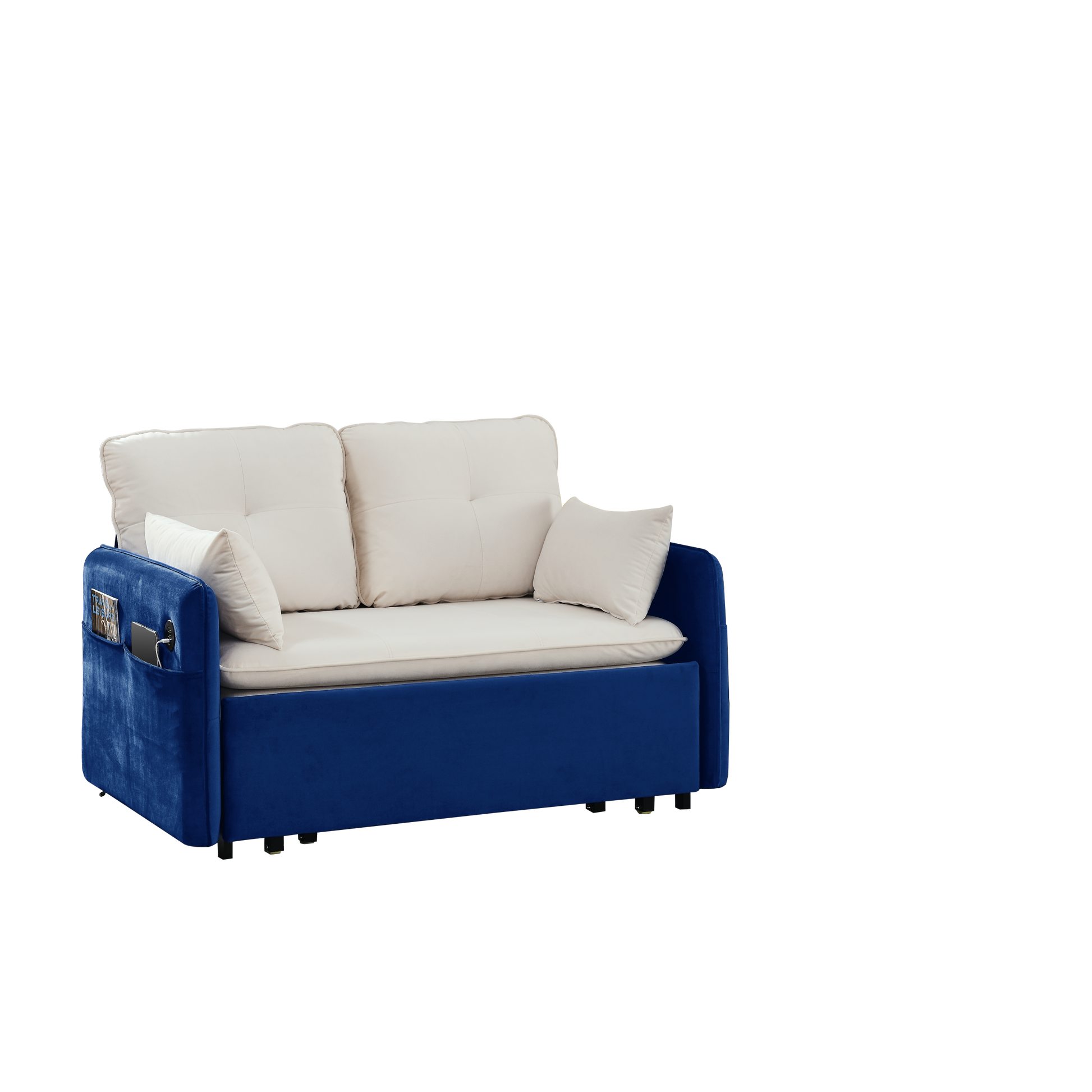 53" Modern Convertible Sofa Bed W 2 Removable Armrests W Usb Power Port, Velvet Recliner Adjustable Sofa W Head Pull Out Bed, 2 Pillows, For Living Room Apartment Etc., White Blue Beige Blue Foam Velvet