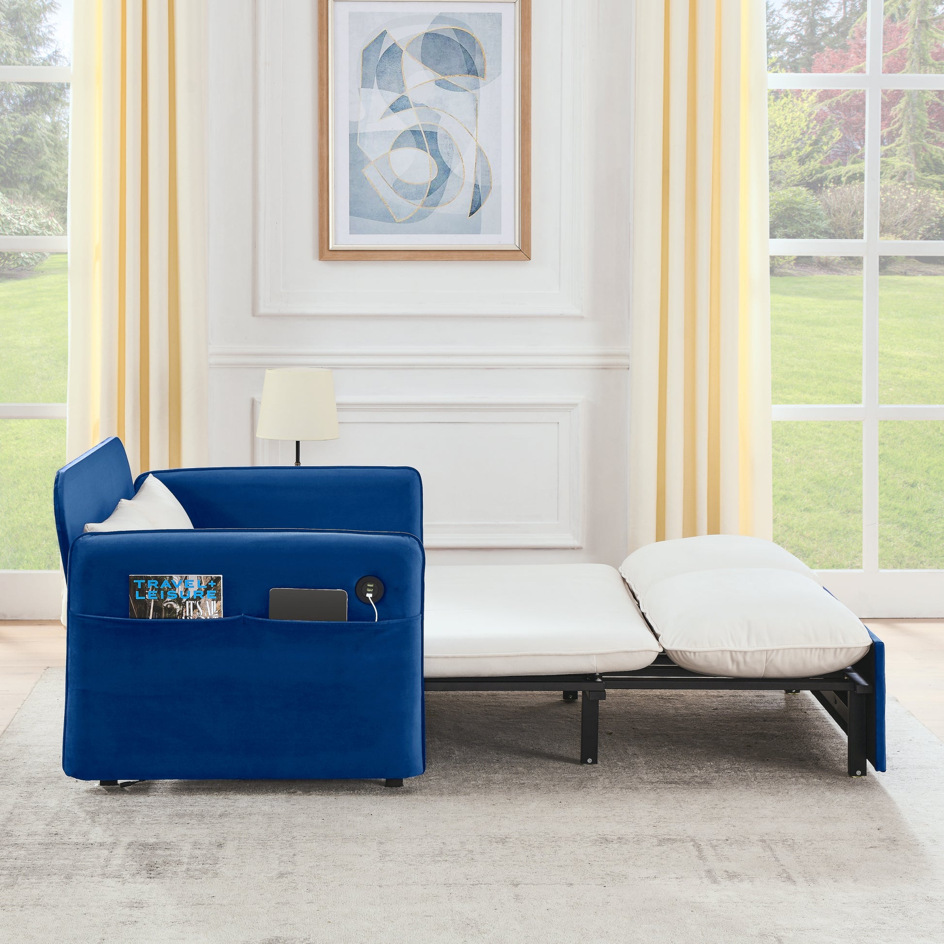 53" Modern Convertible Sofa Bed W 2 Removable Armrests W Usb Power Port, Velvet Recliner Adjustable Sofa W Head Pull Out Bed, 2 Pillows, For Living Room Apartment Etc., White Blue Beige Blue Foam Velvet