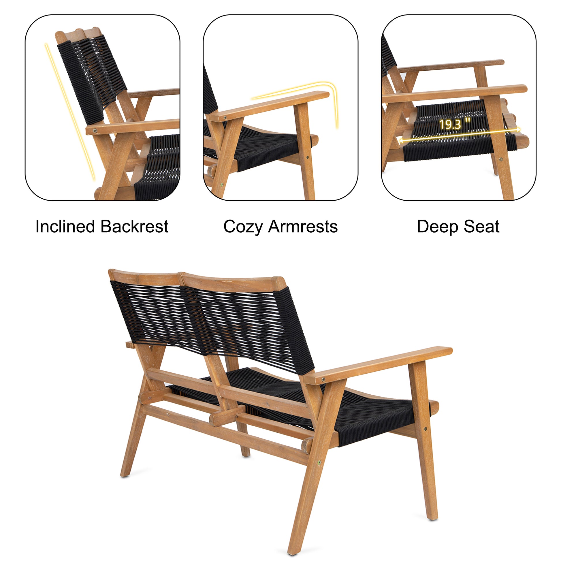 Patio Furniture Chair Black Rope Furniture Chairs 2 Seat Chair,Outdoor Conversation Sectional For Backyard Poolside, Garden Black Brown Garden & Outdoor Modern 2 Person Seating Group Acacia Wood
