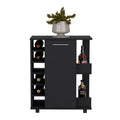 Black 4 Wheel Bar Cart Cabinet For Kitchen Or Living Room, With 6 Side Built In Bottle Racks, 1 Interior Shelve, 2 Side Shelves, 2 Space With Wood Door To Store Glasses, Cups, Coffee Or Snacks Black Particle Board Engineered Wood