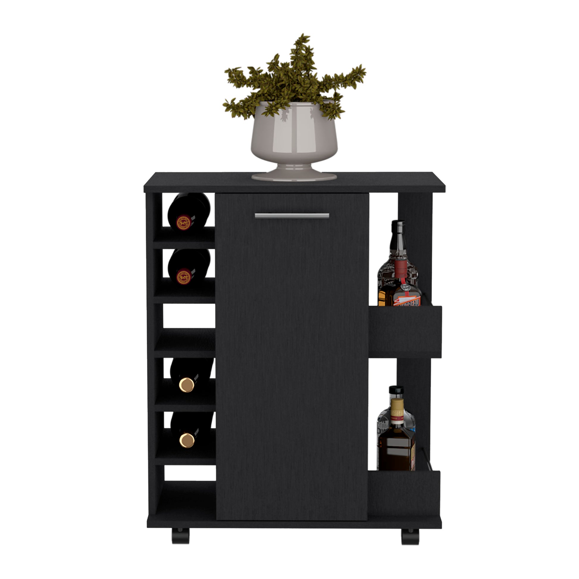 Black 4 Wheel Bar Cart Cabinet For Kitchen Or Living Room, With 6 Side Built In Bottle Racks, 1 Interior Shelve, 2 Side Shelves, 2 Space With Wood Door To Store Glasses, Cups, Coffee Or Snacks Black Particle Board Engineered Wood