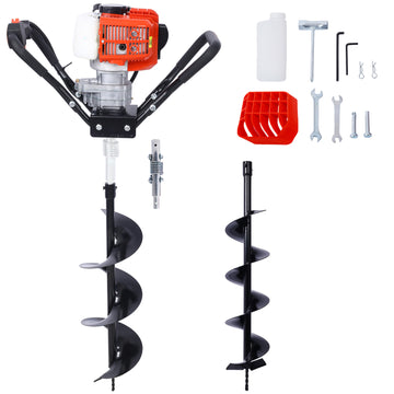 Post Hole Digger, 43Cc Post Hole Digger, Gas Powered Earth Digger With 6&8" And Absorber,Earth Auger Drill Bit, 30 Inch Long Alloy Steel Auger, For Farmland, Garden And Plant, Epa Certification Red Steel