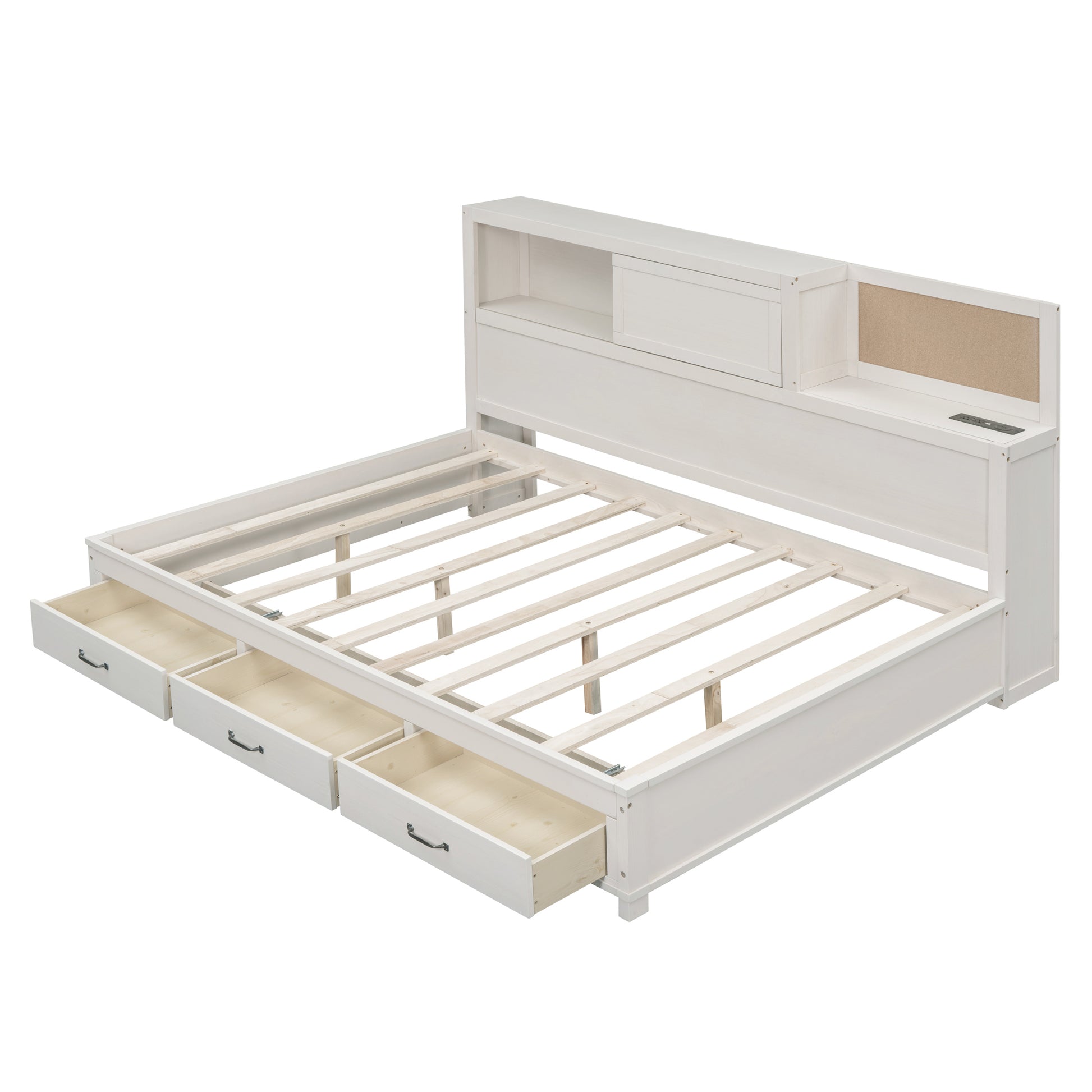 Full Size Wooden Daybed With 3 Storage Drawers, Upper Soft Board, Shelf, And A Set Of Sockets And Usb Ports, White White Solid Wood Mdf