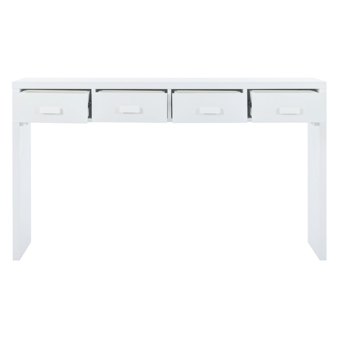 Modern Minimalist Console Table With Open Tabletop And Four Drawers With Metal Handles For Entry Way, Living Room And Dining Room White White Mdf