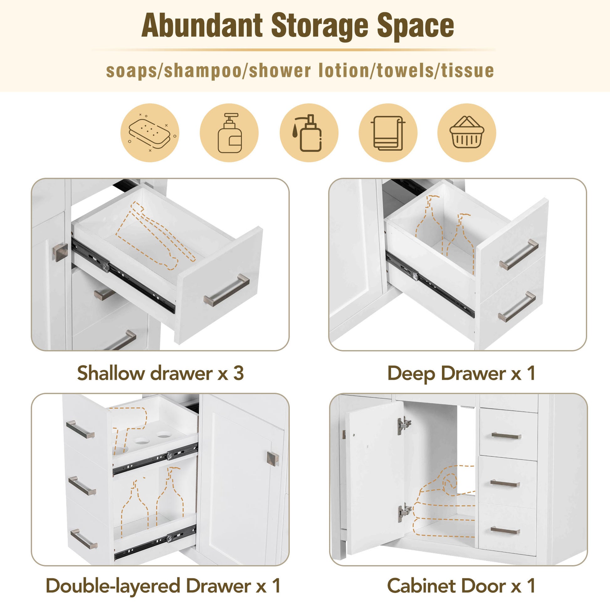 36 Inch Modern Bathroom Vanity Cabinet With Multifunctional Storage Space 5 Drawers And 1 Door White Solid Wood Mdf Resin