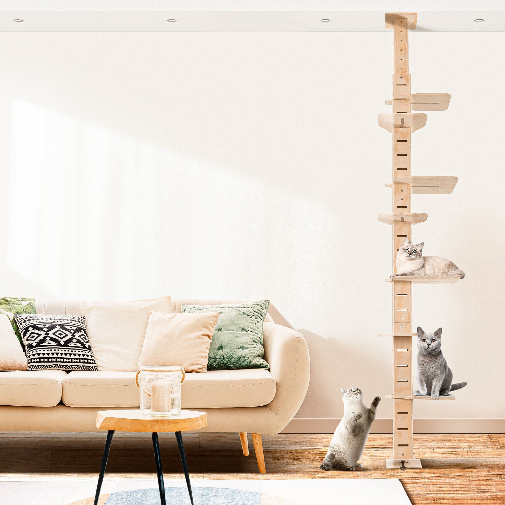 9' Adjustable Height Floor To Ceiling Cat Tree, Multi Level Cat Vertical Cat Condo, Cat Climbing Frame Activity Center With Perching Shelves For Indoor Cats, Natural Natural Wood