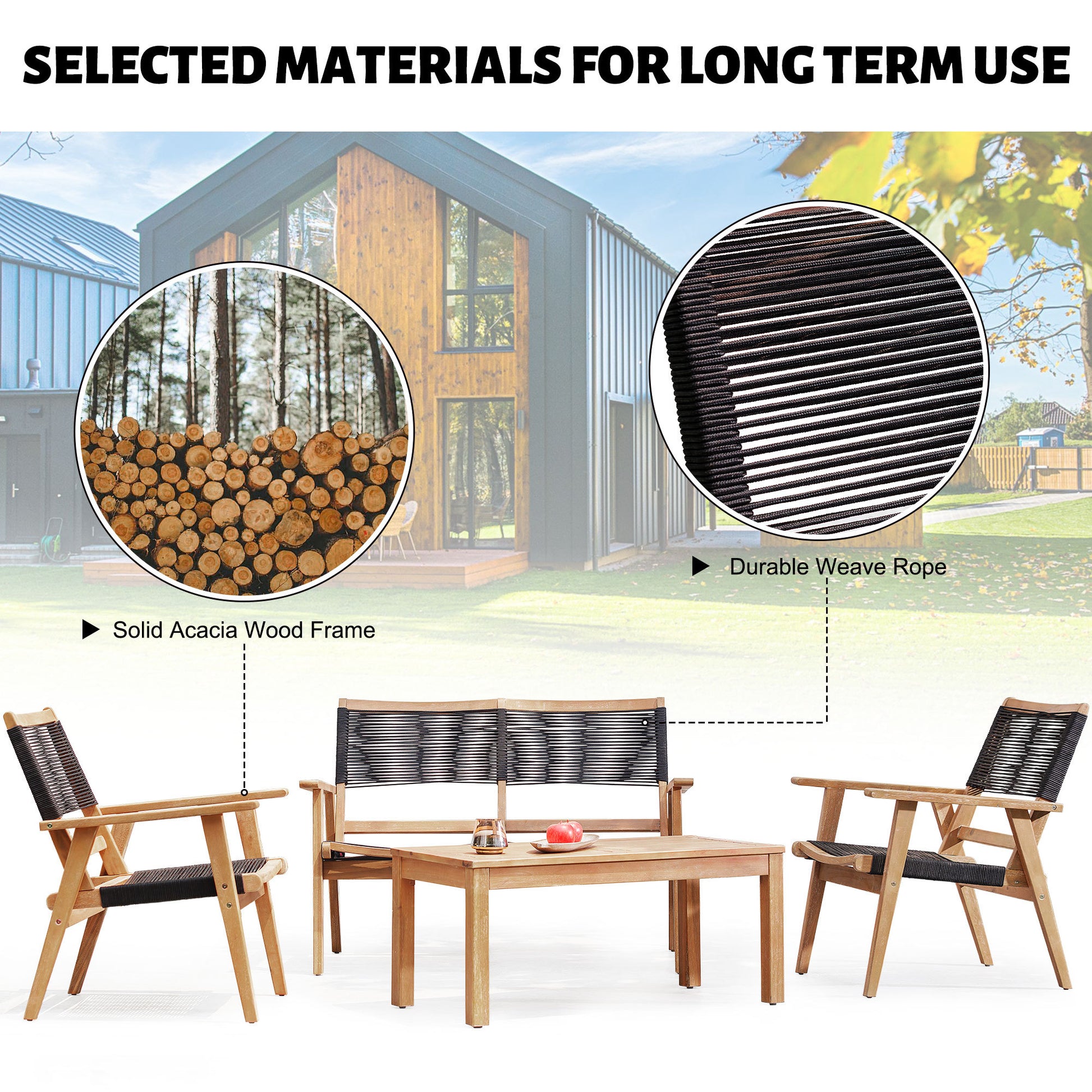 Patio Furniture Chair Black Rope Furniture Chairs 2 Seat Chair,Outdoor Conversation Sectional For Backyard Poolside, Garden Black Brown Garden & Outdoor Modern 2 Person Seating Group Acacia Wood