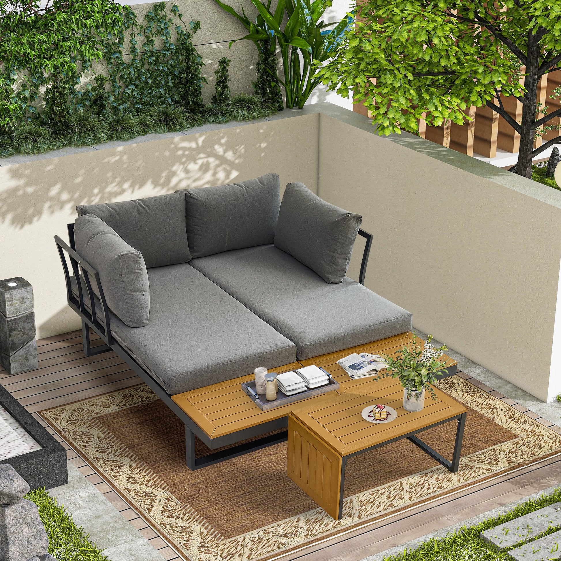 Aluminum Patio Furniture Set, Outdoor L Shaped Sectional Sofa With Plastic Wood Side Table And Soft Cushion For Backyard Poolside Gray Yellow Aluminum