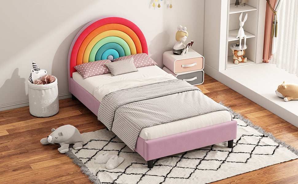 Rainbow Design Upholstered Twin Platform Bed Cute Style Princess Bed For Boys & Girls, Teens, Colorful & Pink Box Spring Not Required Twin Colorful Wood Bed Frame Velvet Velvet