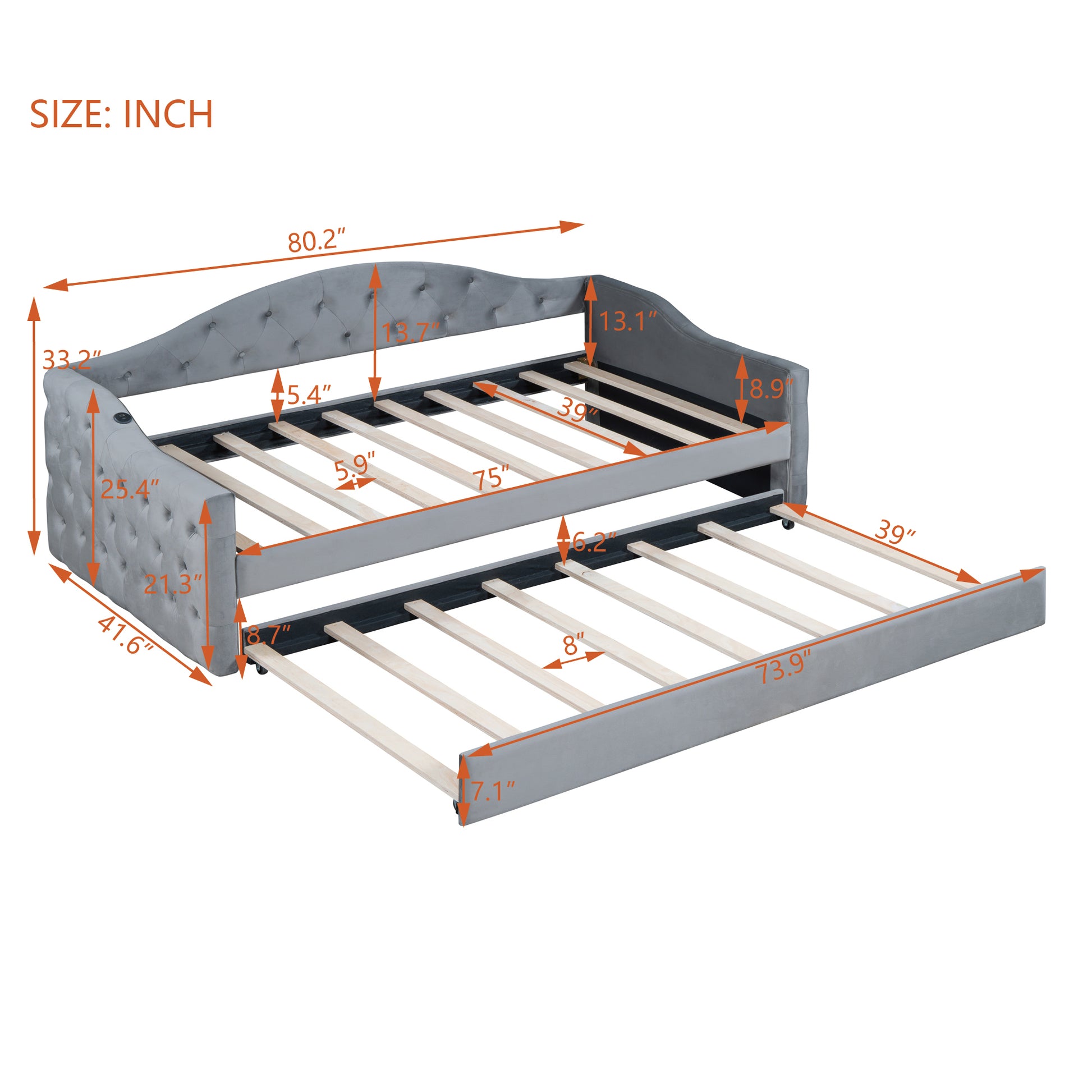 Twin Size Tufted Upholstered Daybed With Trundle ,Velvet Sofabed With Usb&Type C Charging Ports,No Box Spring Needed, Gray Gray Velvet