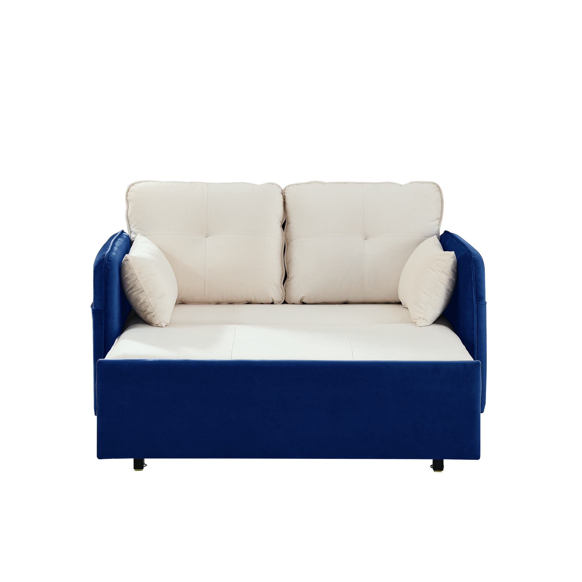 53" Modern Convertible Sofa Bed W 2 Removable Armrests W Usb Power Port, Velvet Recliner Adjustable Sofa W Head Pull Out Bed, 2 Pillows, For Living Room Apartment Etc., White Blue Beige Blue Foam Velvet
