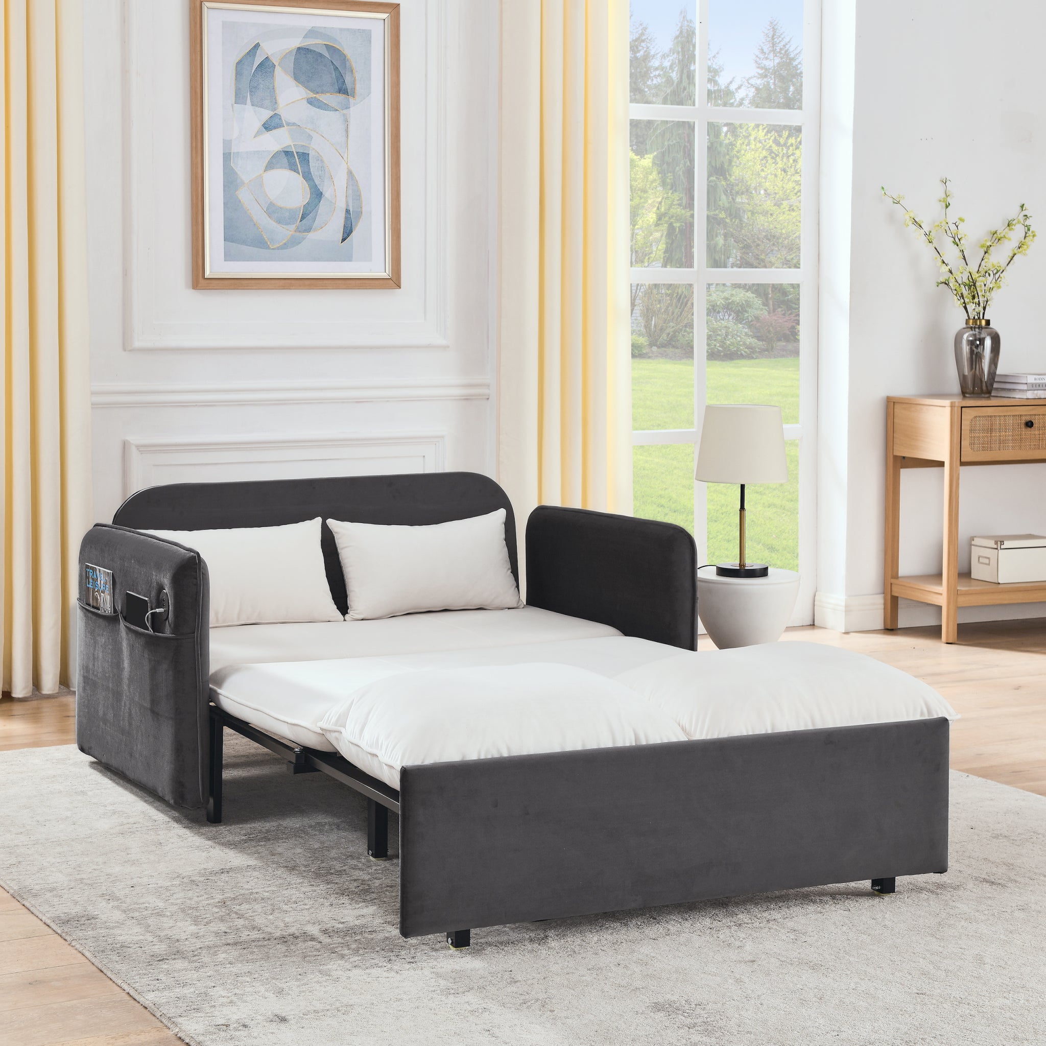 53" Modern Convertible Sofa Bed W 2 Removable Armrests W Usb Power Port, Velvet Recliner Adjustable Sofa W Head Pull Out Bed, 2 Pillows, For Living Room Apartment Etc., White Grey Beige Grey Foam Velvet